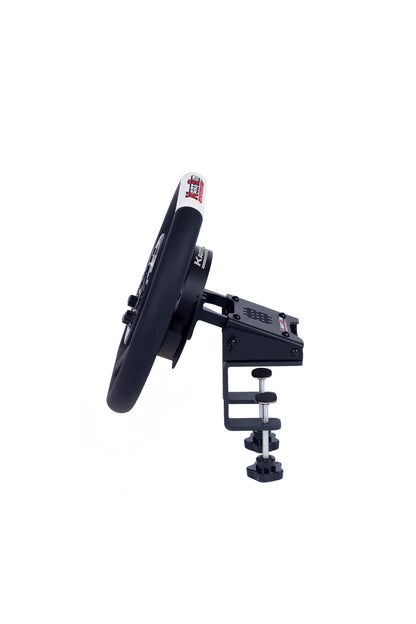 Side view of the KartSim eSports racing wheel mounted securely with a dual-screw clamp system for tabletop setups