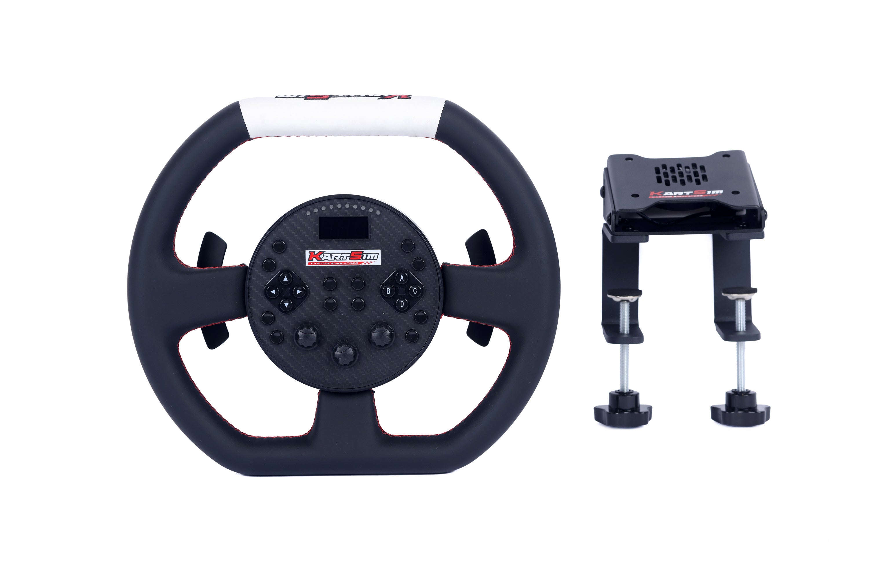 KartSim eSports racing wheel with clamp-style table mount, ideal for stable simulator setups without a full cockpit rig.