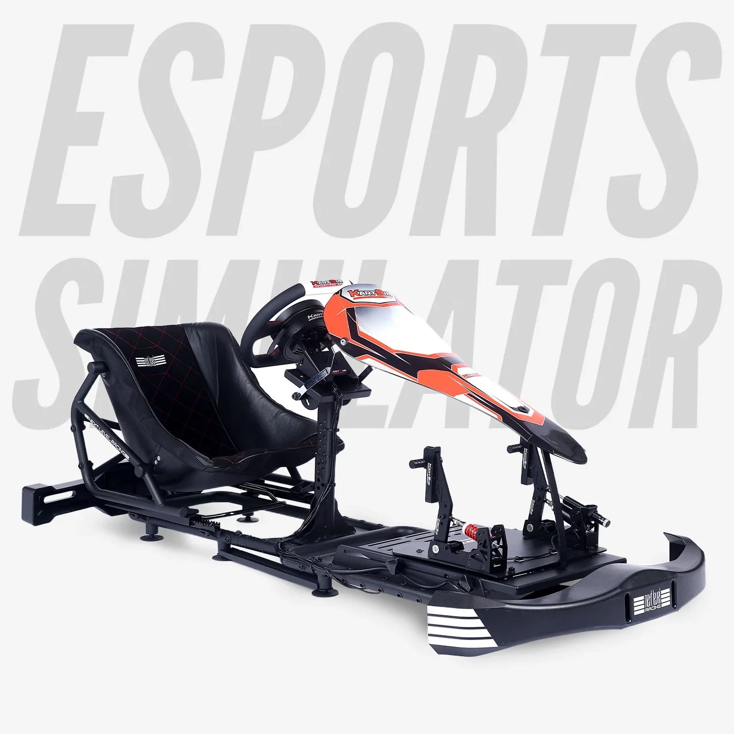 Side profile of the KartSim Esports Simulator, a professional kart racing rig with adjustable pedals, steering system, and racing seat for competitive esports training.