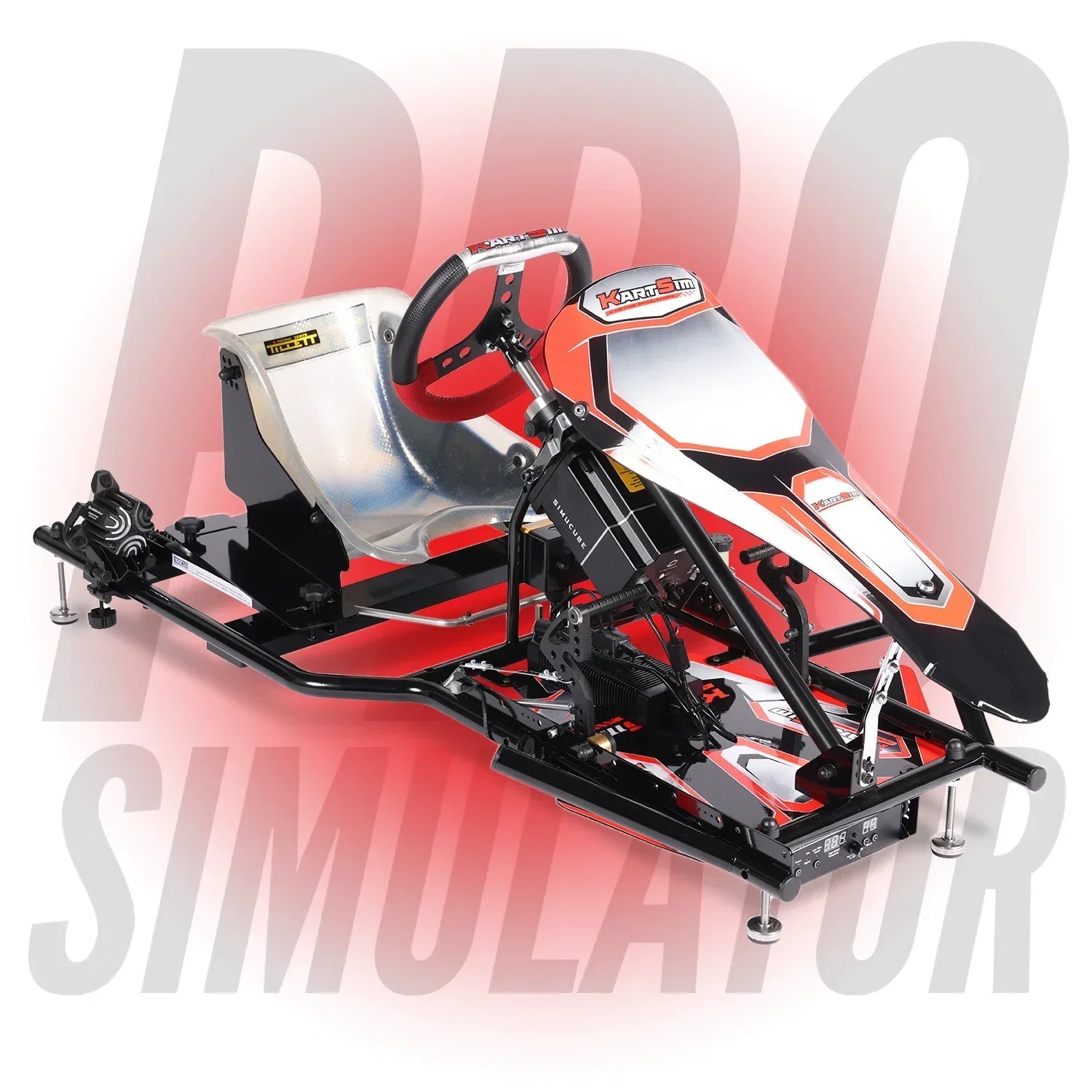 Side profile of the KartSim Pro Simulator, featuring a metal racing seat, precision steering system, and advanced pedal setup designed for professional kart driver training and realistic race preparation.