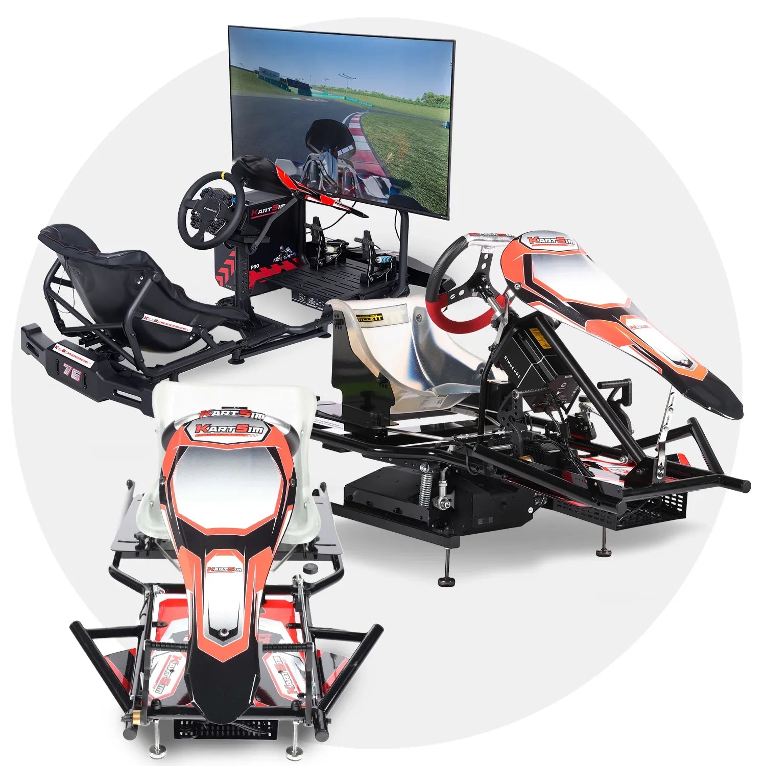 Full KartSim simulator range including the Esports Simulator, Pro Simulator, and Ultimate Simulator, showcasing professional karting training rigs with steering systems, racing seats, and pedal setups for realistic driver development.