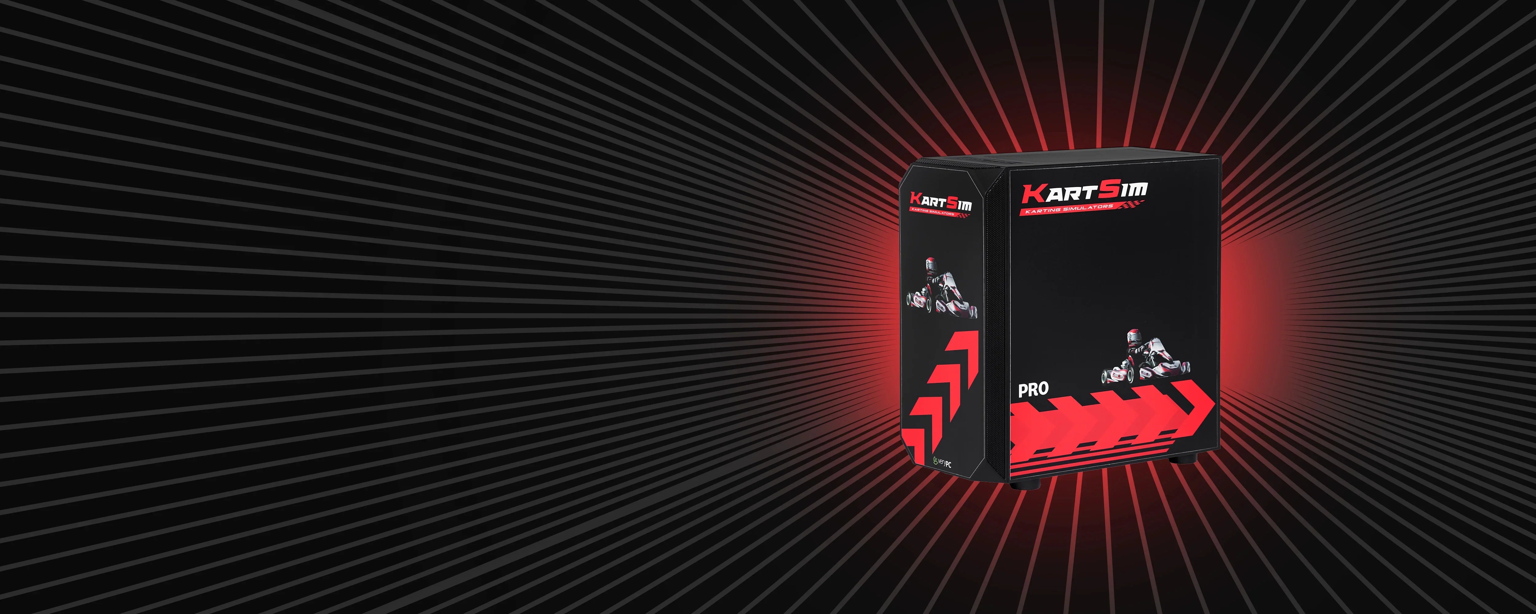 Gaming PCs banner featuring high-performance desktop computer with illuminated components, promoting hardware for KartSim simulator setups and esports racing.
