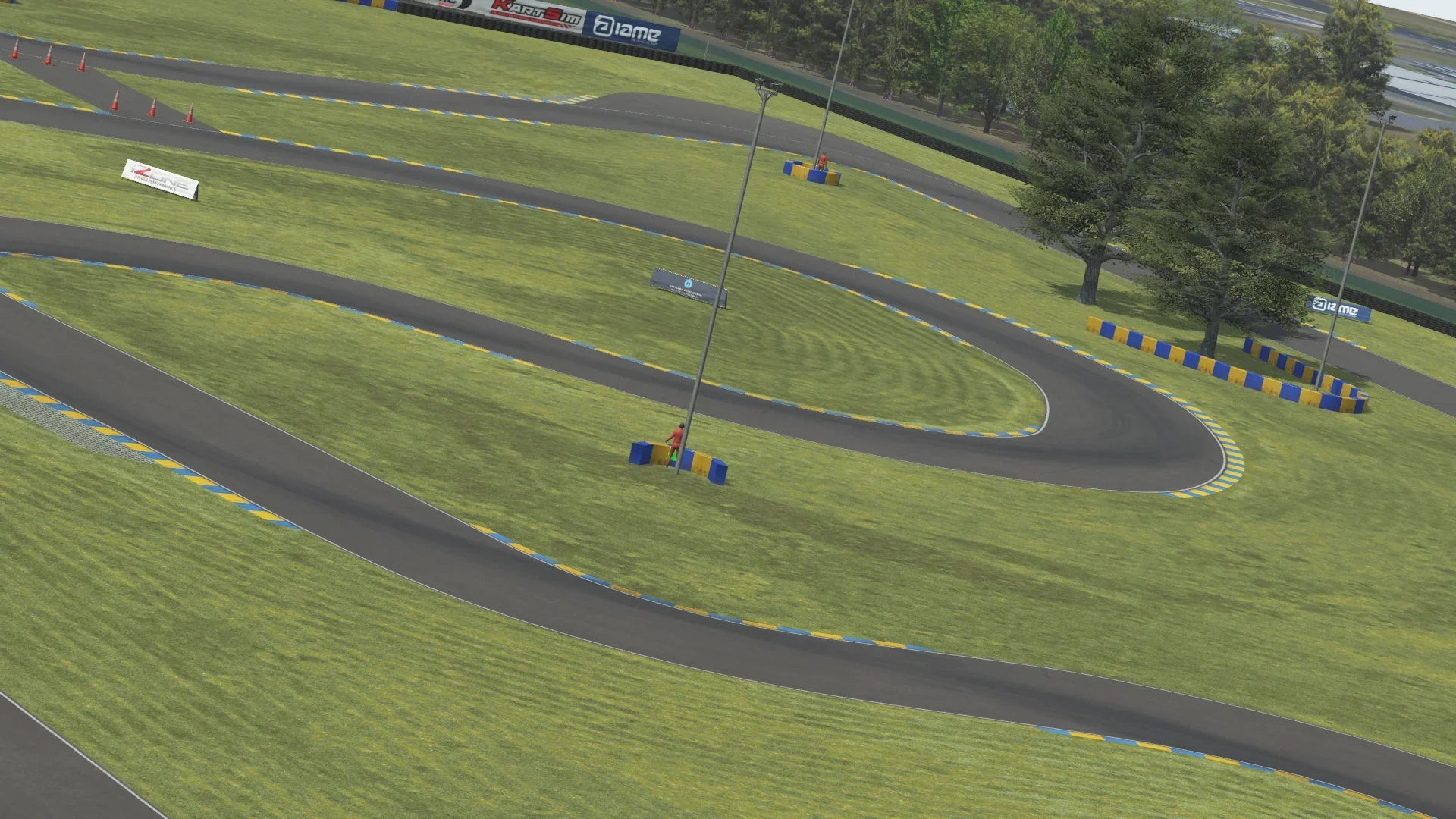 KartSim software render showing a Le Mans–style race track curve with dark asphalt, blue-and-yellow rumble strips, expansive green grass infield, a marshal post and lamp, and trees lining the background under a partly cloudy sky.