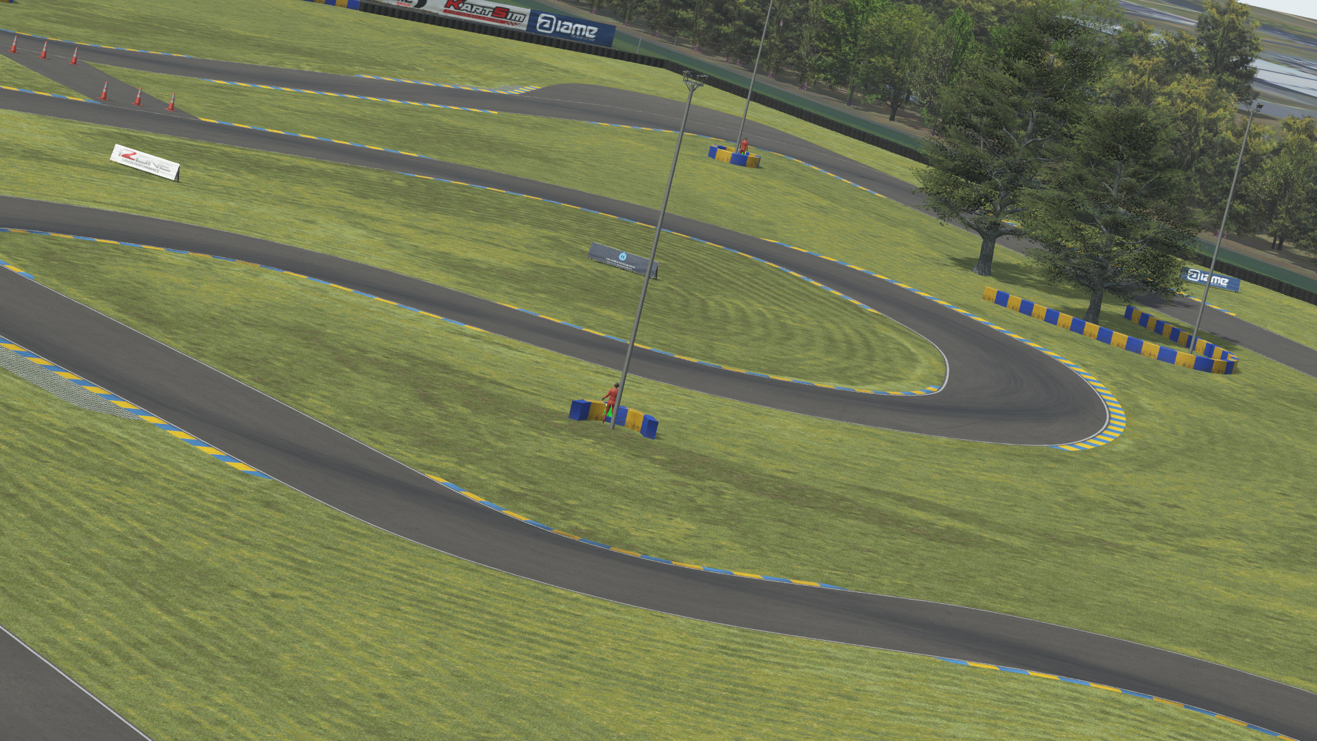 KartSim software render showing a Le Mans–style race track curve with dark asphalt, blue-and-yellow rumble strips, expansive green grass infield, a marshal post and lamp, and trees lining the background under a partly cloudy sky.