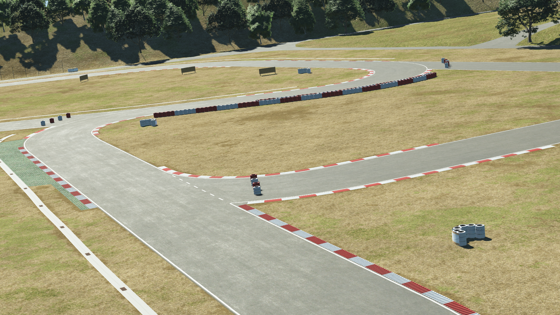 KartSim software rendering of Portimão kart track’s sweeping right-hand curve, featuring red-and-white curbs, dry grassy run-off areas, scattered tire stacks, and tree-lined hillside in the background.