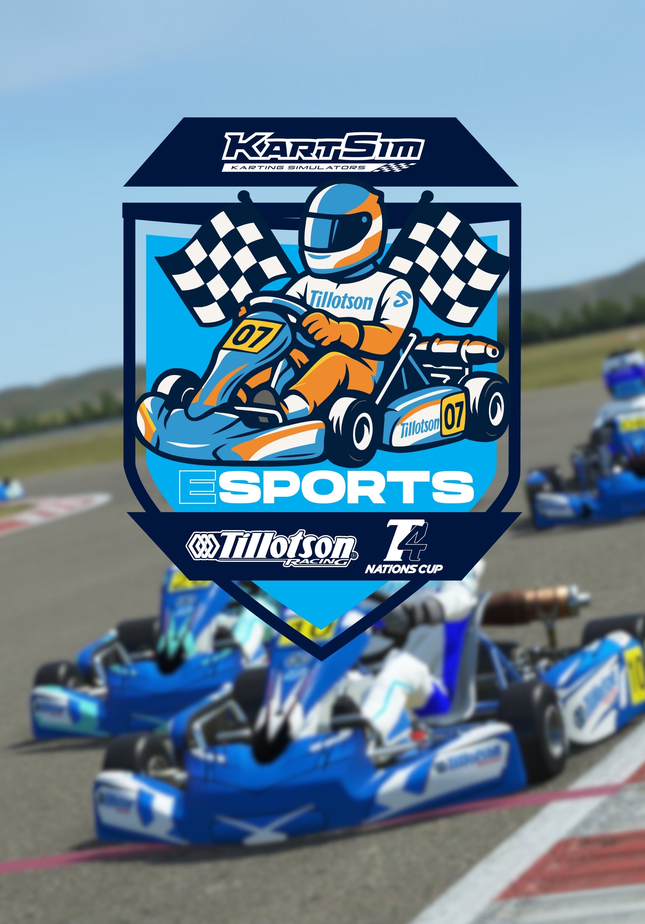 Tillotson Esports T4 Nations Cup logo overlay featuring a cartoon-style kart racer in orange and blue gear holding a checkered flag, with blue go-karts racing on a blurred circuit in the background.