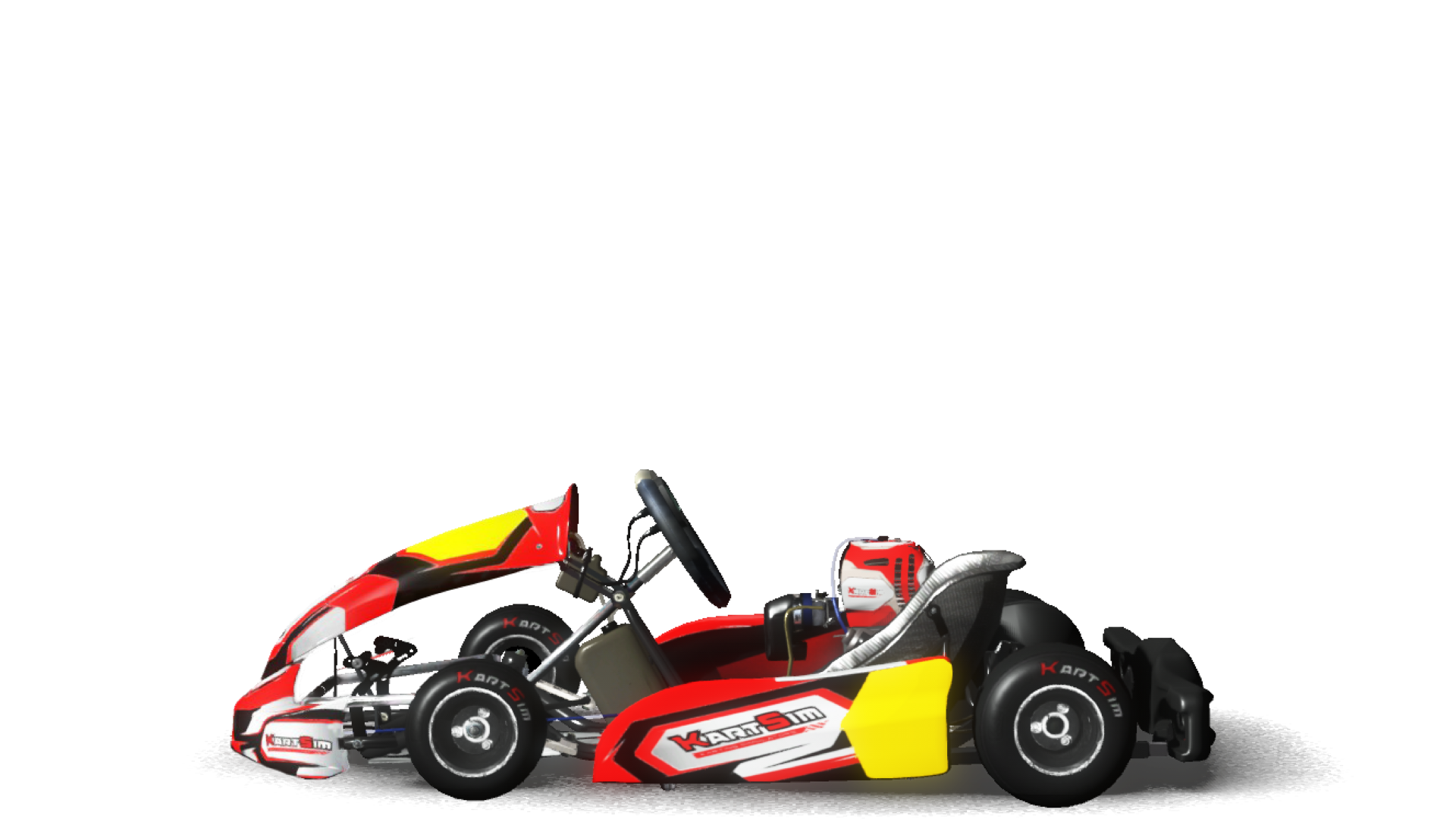 Side profile render of a Bambino UK-spec kart from KartSim Pro UK software, featuring a small chassis for drivers aged 6–8, CIK-style Nassau panel and side pods, Comer C50 engine with air-cooled cylinder, slick KartSim-branded tyres, and yellow Nassau panel compliant with Motorsport UK Bambino regulations.
