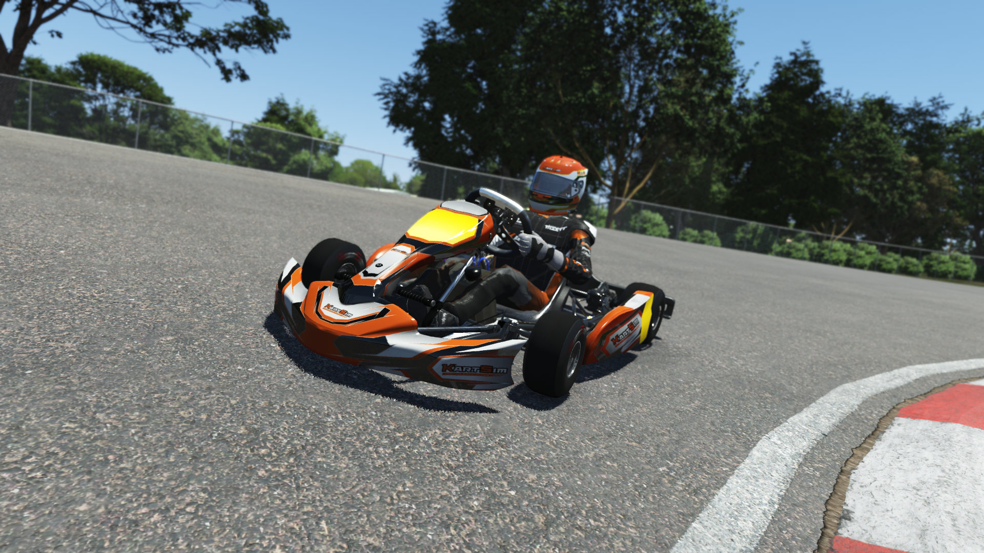 Briggs 206 Cadet 001 kart with blue and white design shown on KartSim software racing on kart track with tire barriers