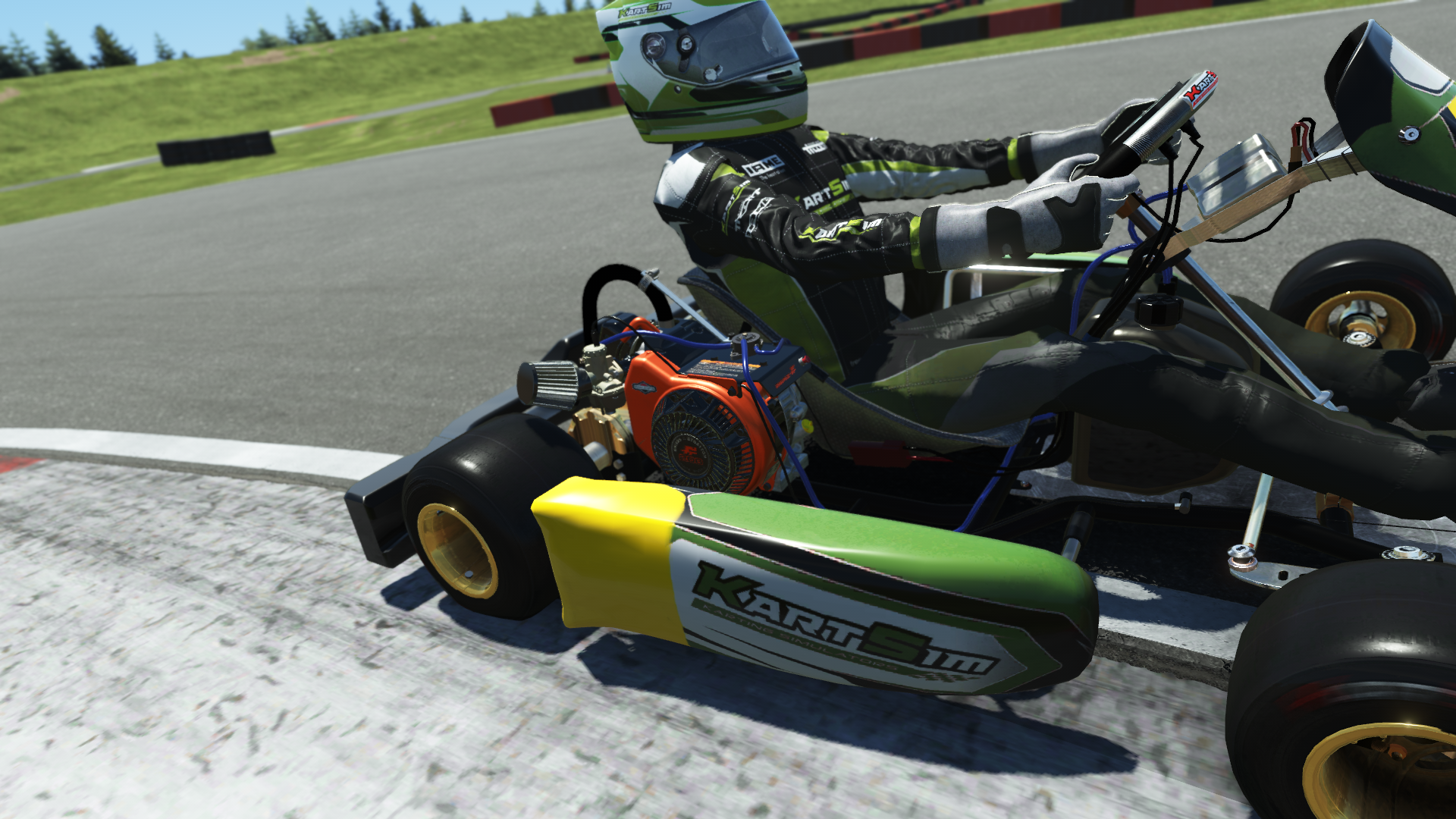 Briggs 206 Junior 004 kart with red, white, and black design shown on KartSim software racing on kart track with tire barriers