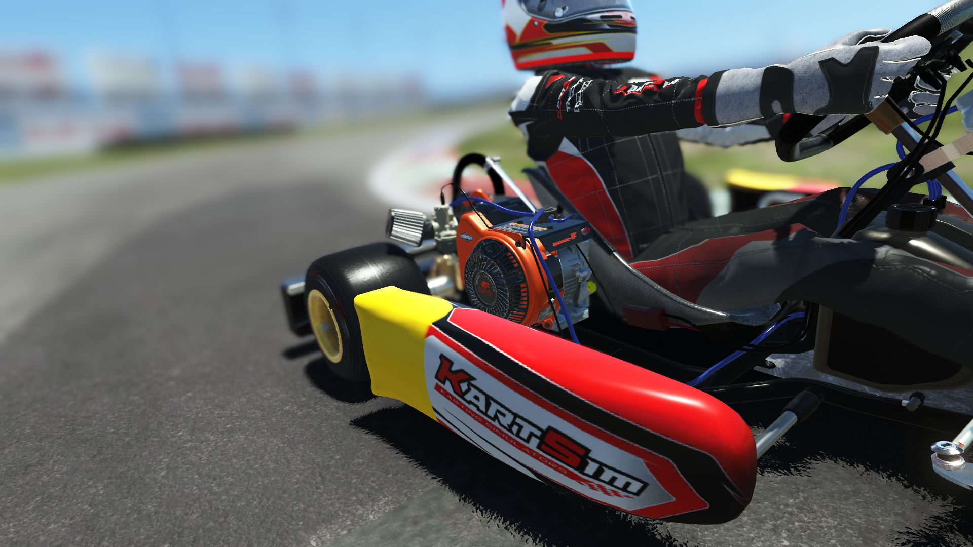 Briggs 206 Senior 005 kart with red and white livery shown on KartSim software racing on kart track with tire barriers