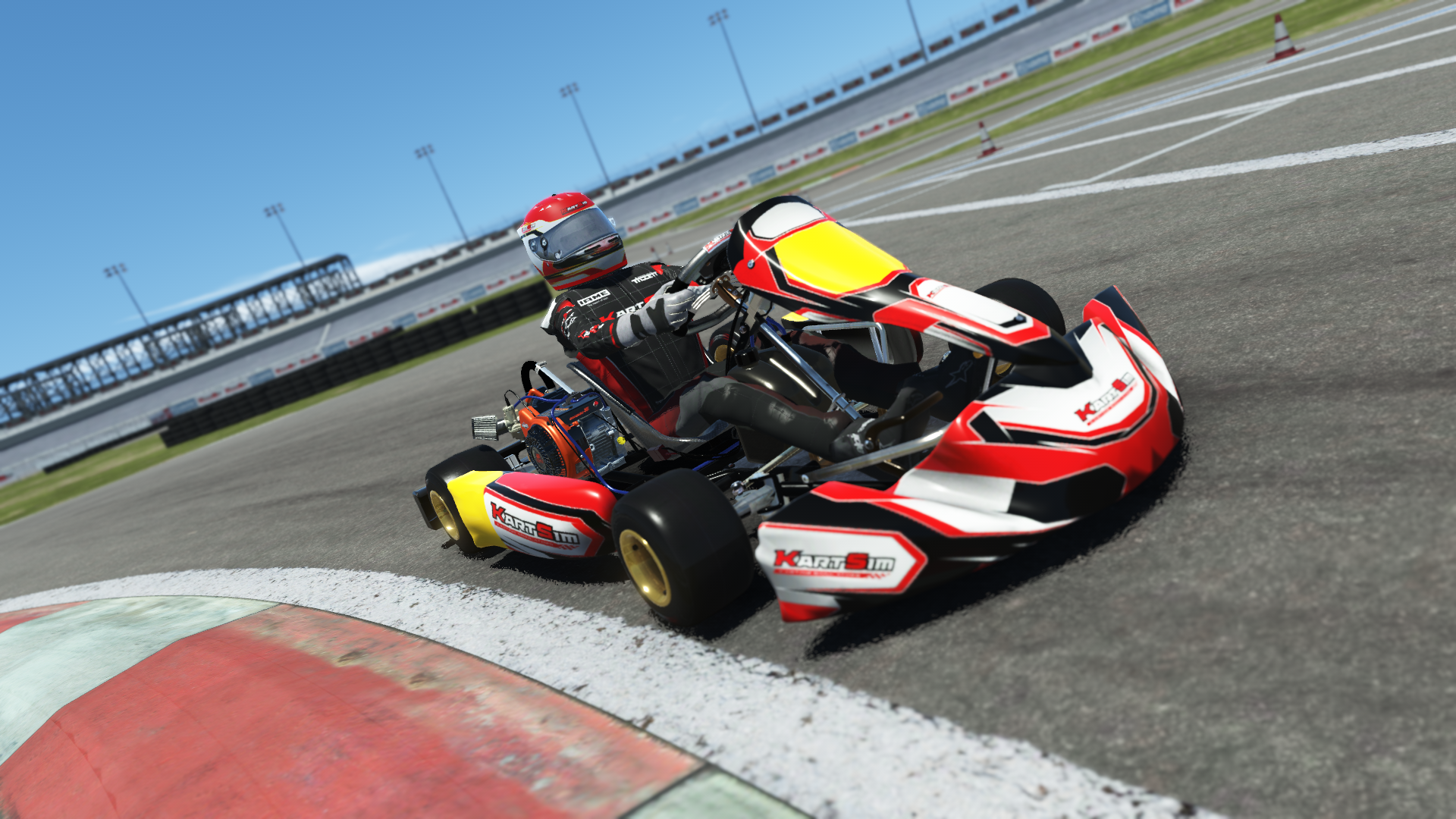 Briggs 206 Senior 007 kart with red and white livery shown on KartSim software racing on kart track with tire barriers
