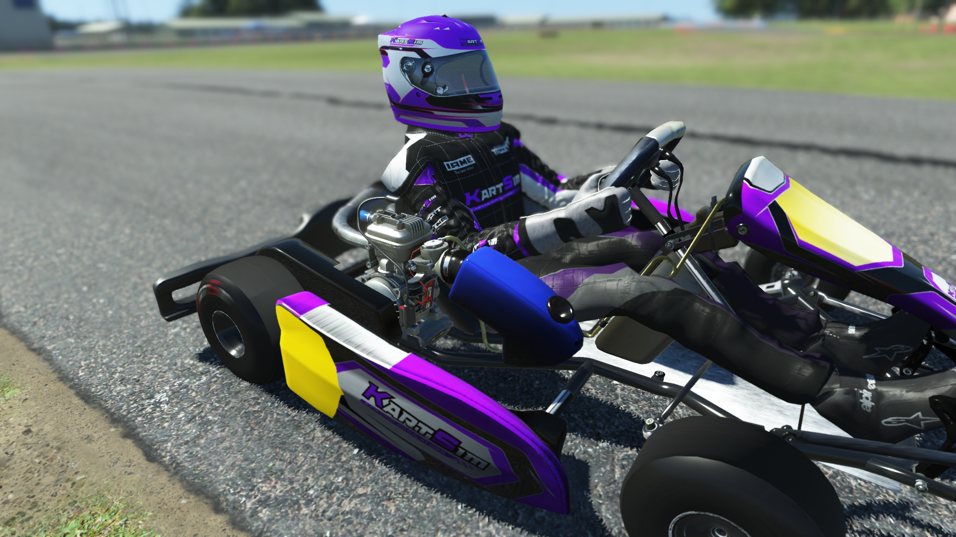 IAME Swift Cadet 007 kart with blue and white livery shown on KartSim software racing on kart track with tire barriers