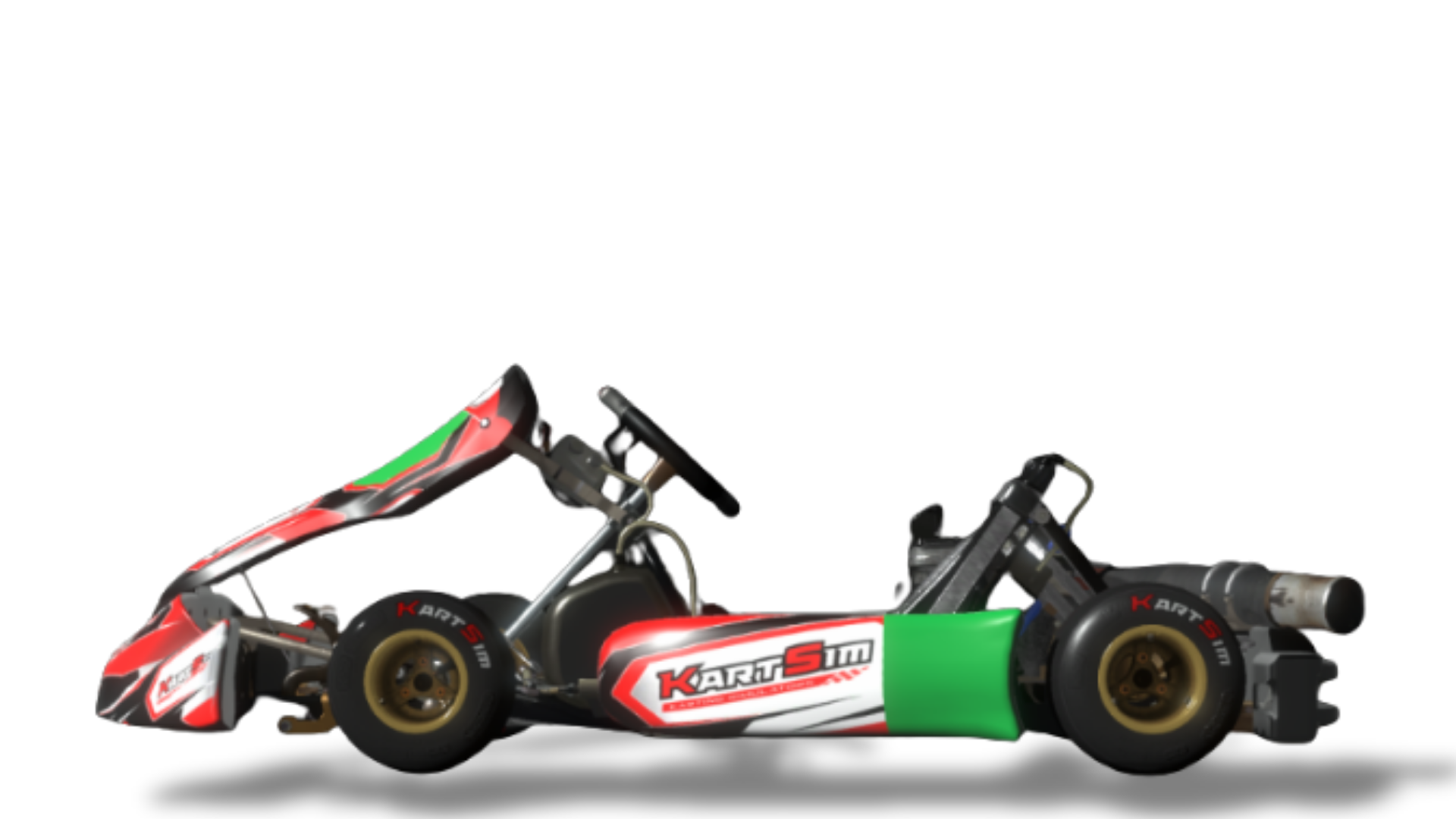IAME X30 Junior kart — 125 cc water-cooled 2-stroke, single-cylinder reed-valve with class restrictor (Junior spec ~22–24 hp), push-button electric start, centrifugal clutch (single-speed), Tillotson HW-27A diaphragm carburettor, left-side radiator, rear hydraulic disc brake, CIK-FIA bodywork (nose, nassau panel, side pods) on a junior race chassis with slick tyres — on KartSim Software
