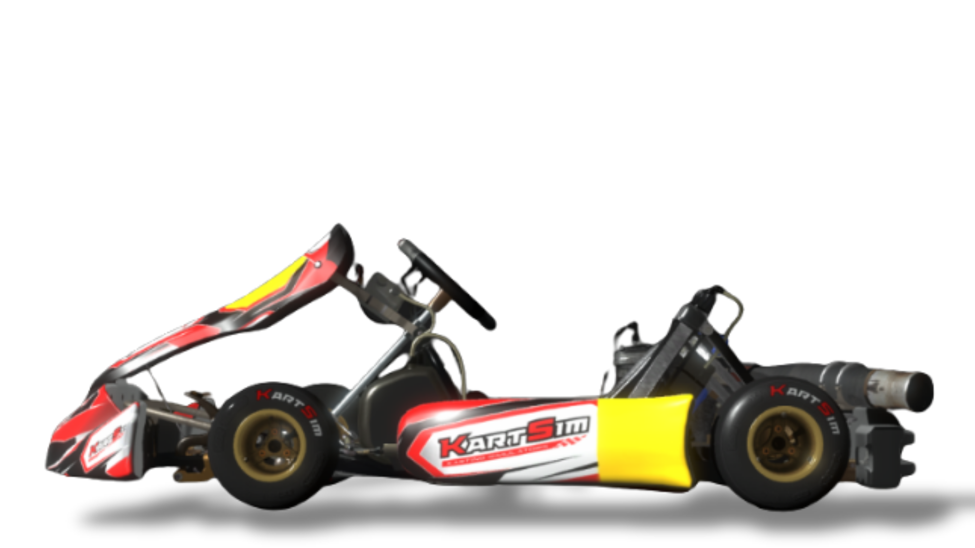 IAME X30 Senior kart — 125 cc water-cooled 2-stroke, single-cylinder reed-valve (~30 hp), electric start with centrifugal clutch (single-speed), Tillotson HW-27A diaphragm carb, left-side radiator, rear hydraulic disc brake, CIK-FIA bodywork (nose, nassau panel, side pods), senior chassis with slick tyres - on KartSim Software