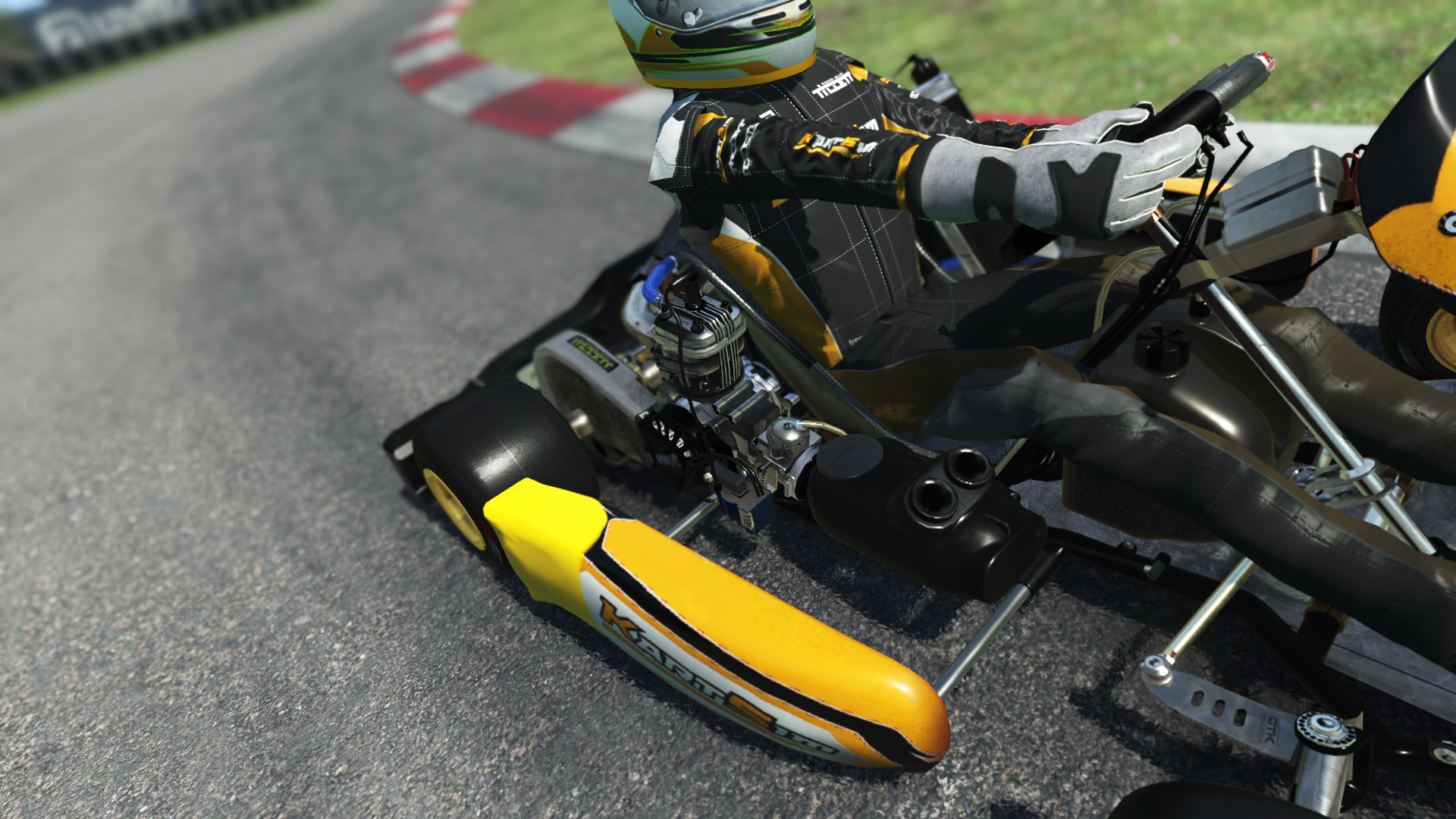 IAME X30 Senior US 001 kart with blue and yellow design shown on KartSim software racing on kart track with tire barriers