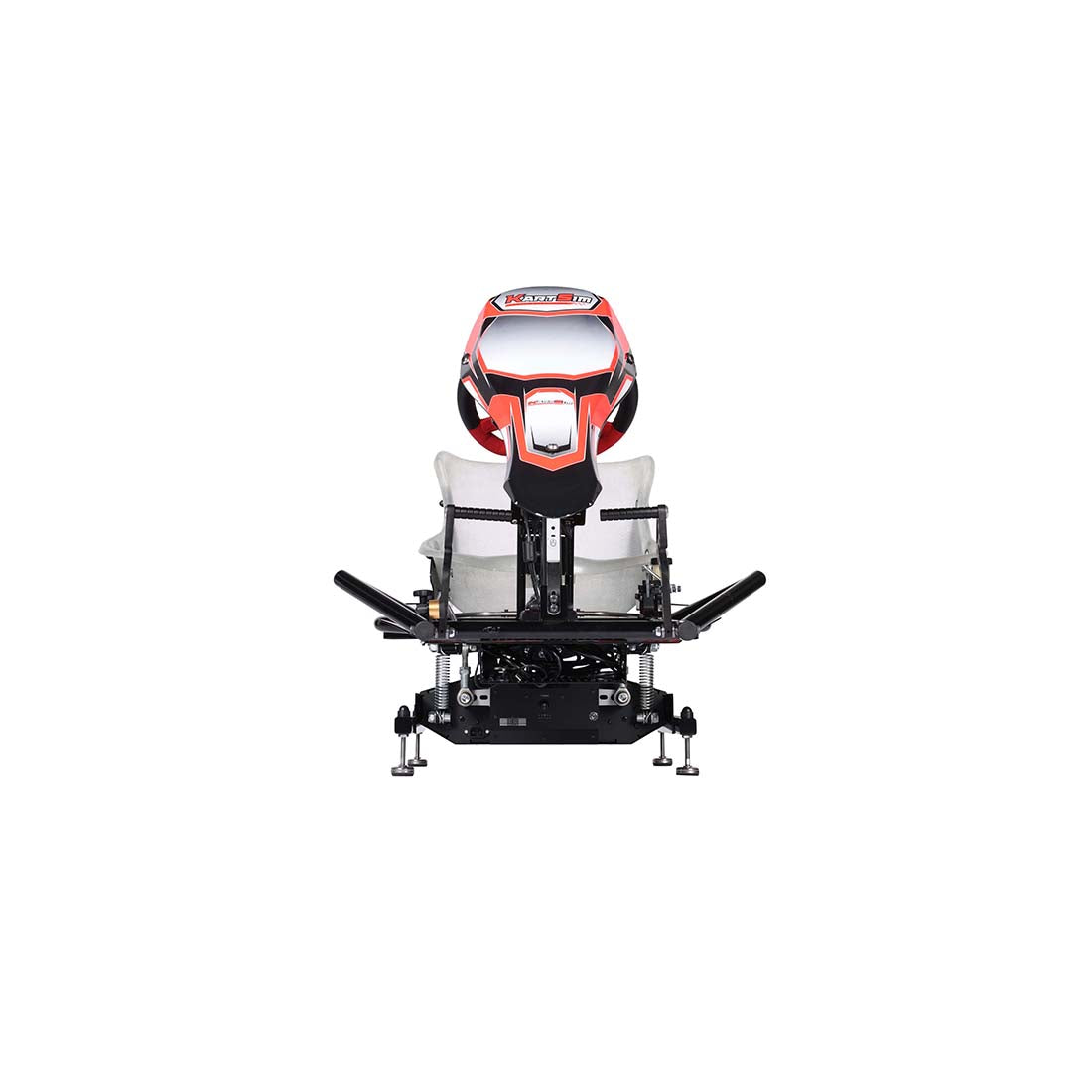 Front view of KartSim Cadet Motion Simulator featuring real cadet kart chassis, Simucube direct drive system, motion platform, and race-spec pedals. Built for karting driver development and immersive training.