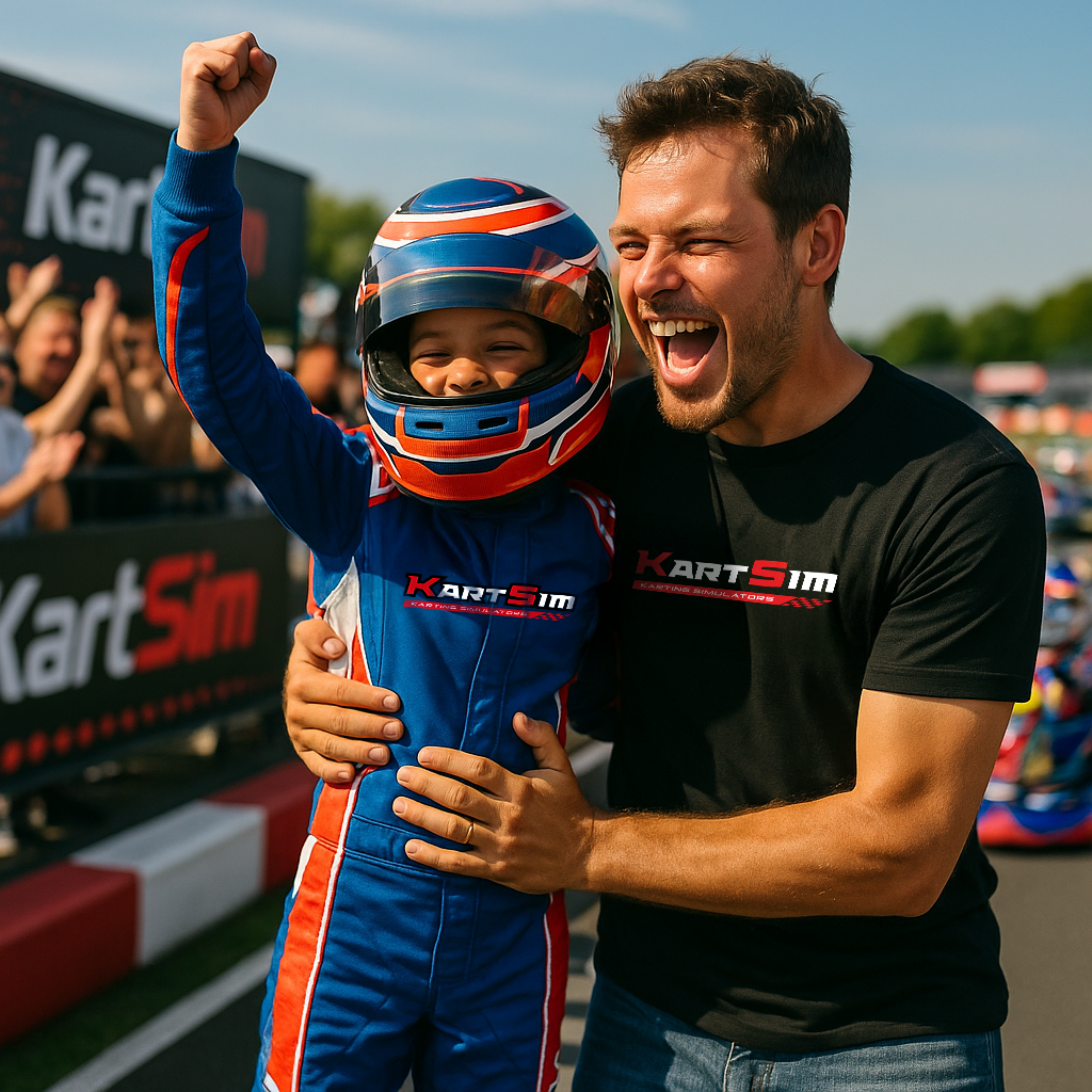 A joyful moment at a karting track featuring a child in a blue and red KartSim racing suit and helmet raising their fist in victory, embraced by an excited adult wearing a black KartSim T-shirt, with a blurred crowd and KartSim branding in the background.