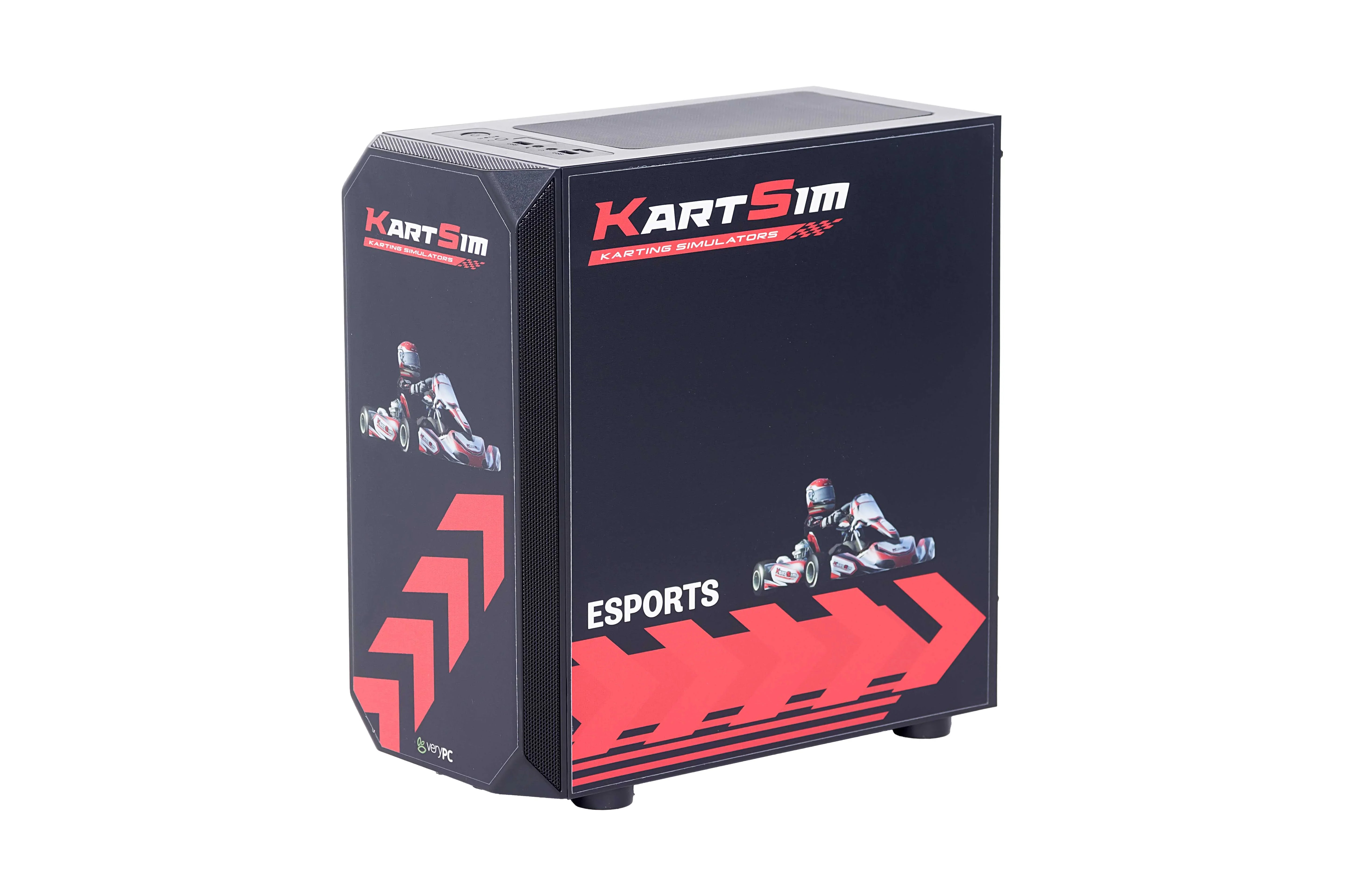 Angled front view of the KartSim Esports gaming PC tower, showcasing KartSim branding, racing-themed graphics, and front mesh intake panel