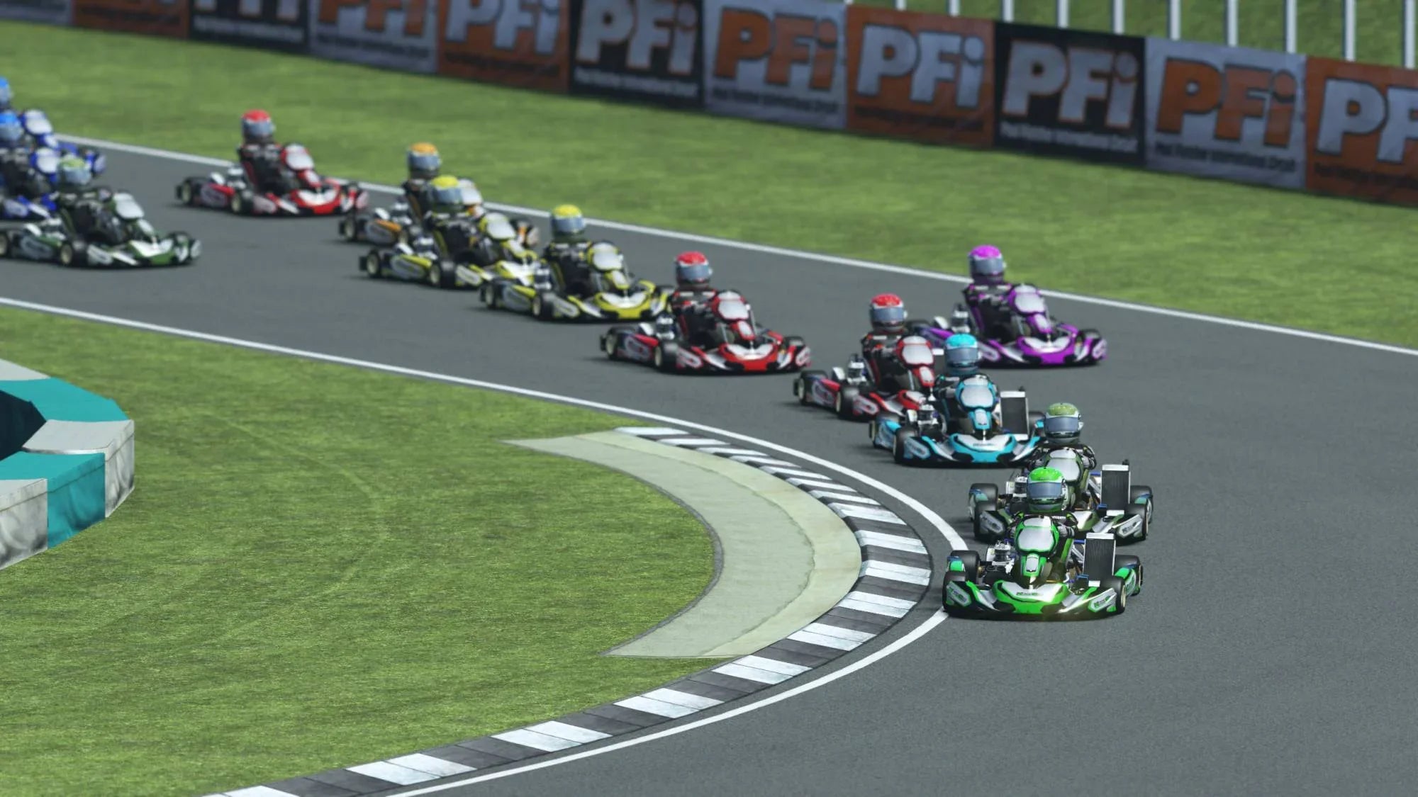 Virtual kart race on the PFi circuit with multiple karts tightly packed navigating a sharp corner during a KartSim esports competition
