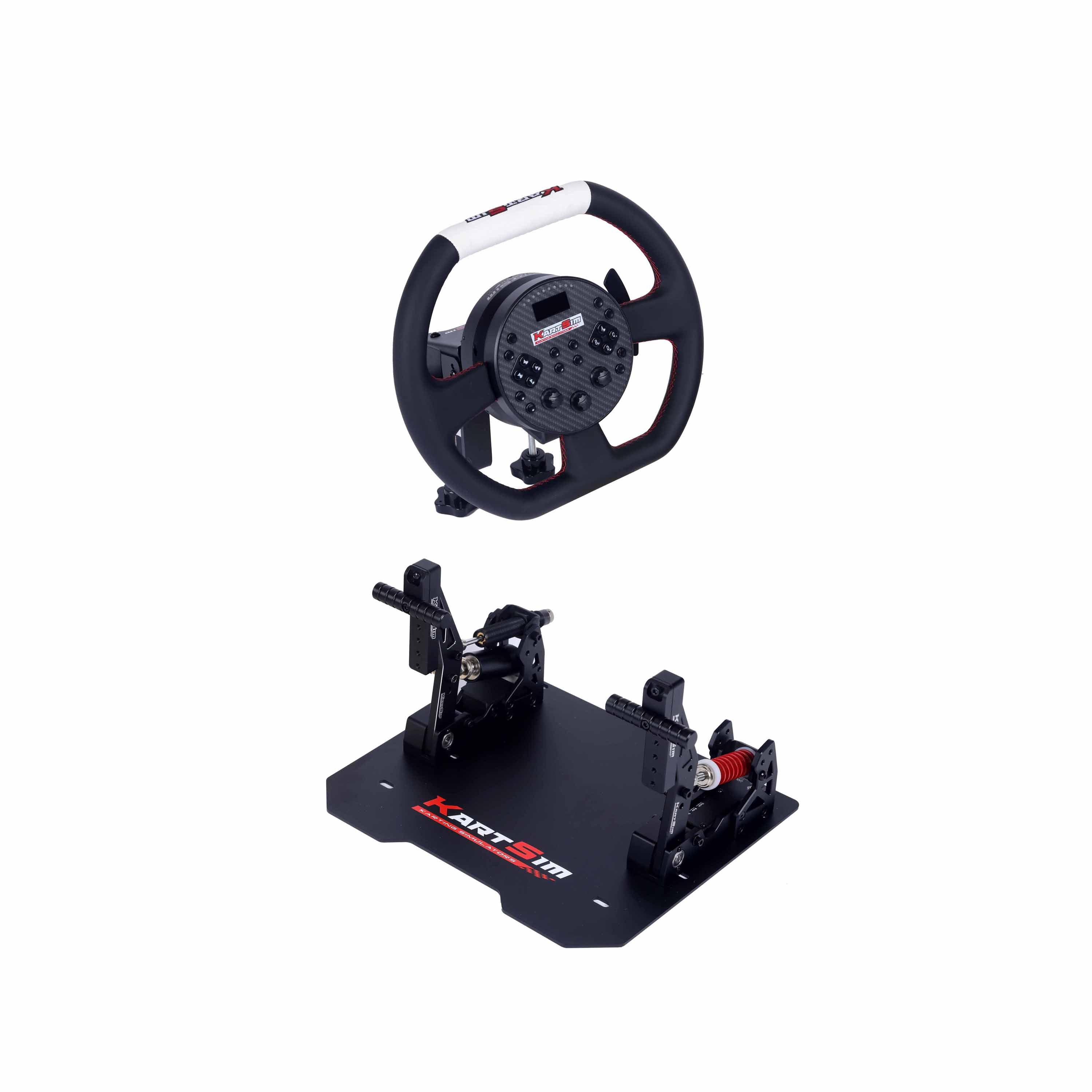 Front view of the KartSim Esports Wheel & Pedal Bundle, showing a direct-drive racing wheel mounted on a matte black base plate alongside a three-pedal sim-racing set with load-cell brake and hydraulic clutch