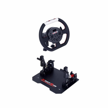 Front view of the KartSim Esports Wheel & Pedal Bundle, showing a direct-drive racing wheel mounted on a matte black base plate alongside a three-pedal sim-racing set with load-cell brake and hydraulic clutch