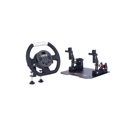 KartSim Esports racing bundle featuring a high-precision steering wheel with clamp mounts and dual-pedal set on a sturdy base for realistic simulator driving