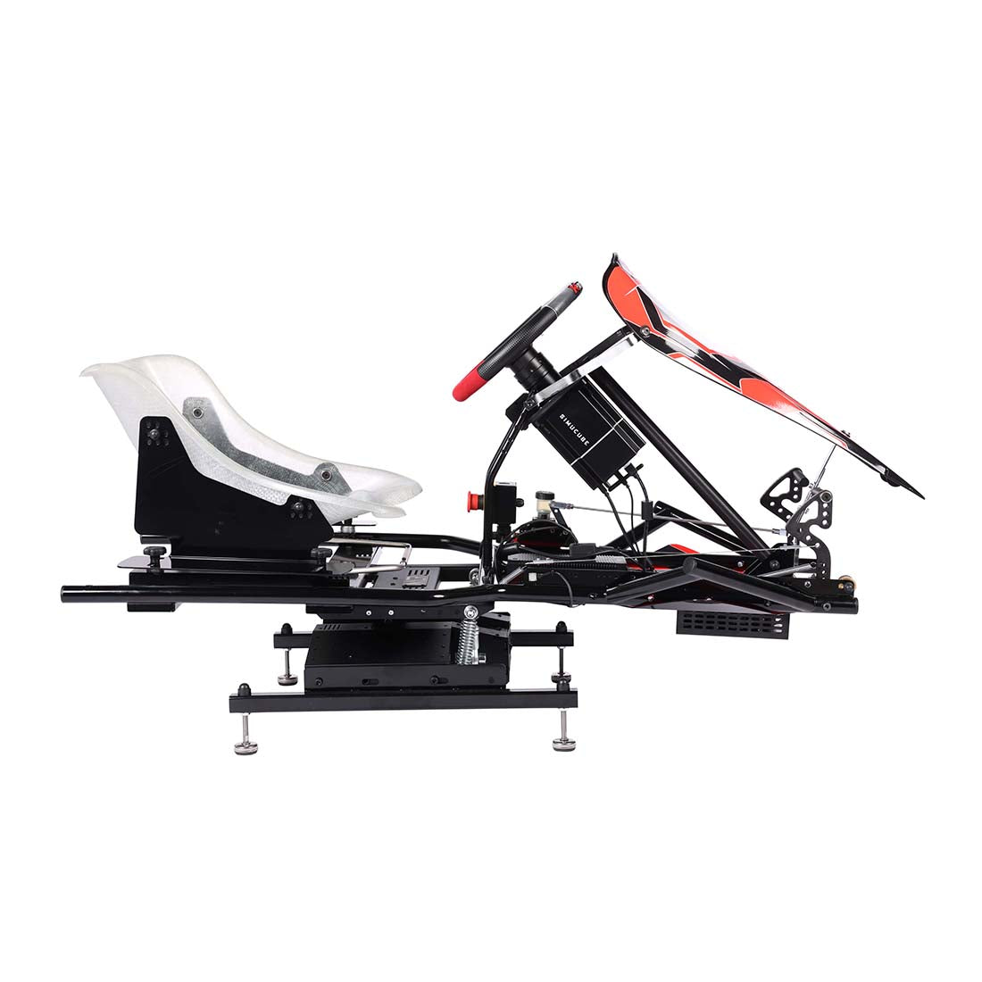 KartSim Junior Motion Simulator side view – built on a real junior kart chassis with Simucube direct drive force feedback, kart racing pedals, and adjustable fiberglass seat. Precision-built for driver development and cadet-level training.