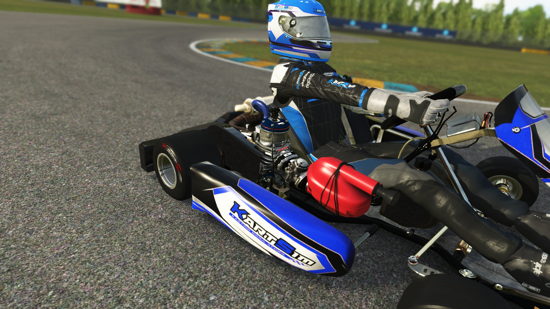 Realistic Junior OK kart shown in KartSim software, highlighting chassis detail and race-ready setup with decals