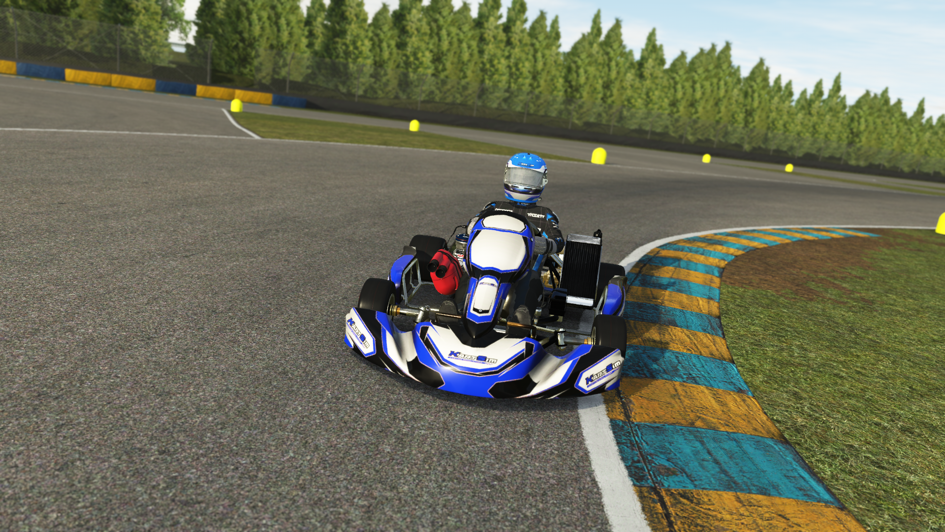 Detailed rendering of Junior OK kart in KartSim racing simulation software, showcasing realistic chassis and components with racing decals