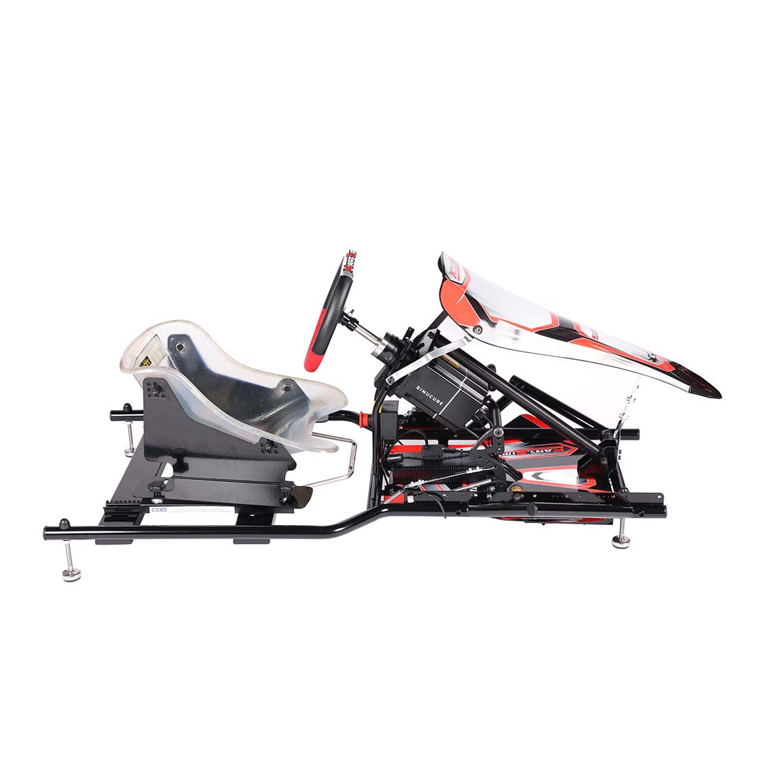 Side view of KartSim junior racing simulator chassis with seat, steering wheel, and pedal setup on a white background