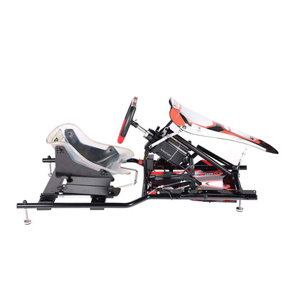 Side view of KartSim junior racing simulator chassis with seat, steering wheel, and pedal setup on a white background