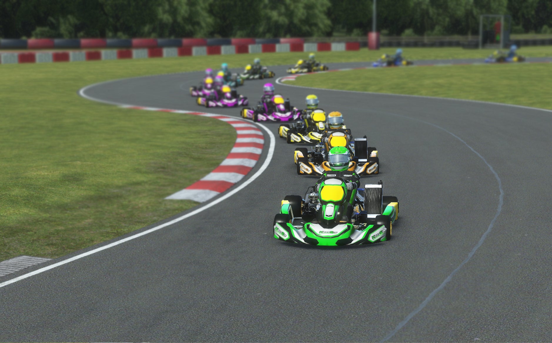 KartSim simulated kart race showing a pack of karts led by a green and yellow kart, closely followed by yellow and purple competitors on a curving track.