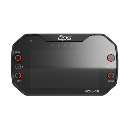 Front view of the KartSim KDU-1S Sim Luxx digital dash display, showing its LCD screen with menu, OK, left and right navigation buttons for kart racing simulators