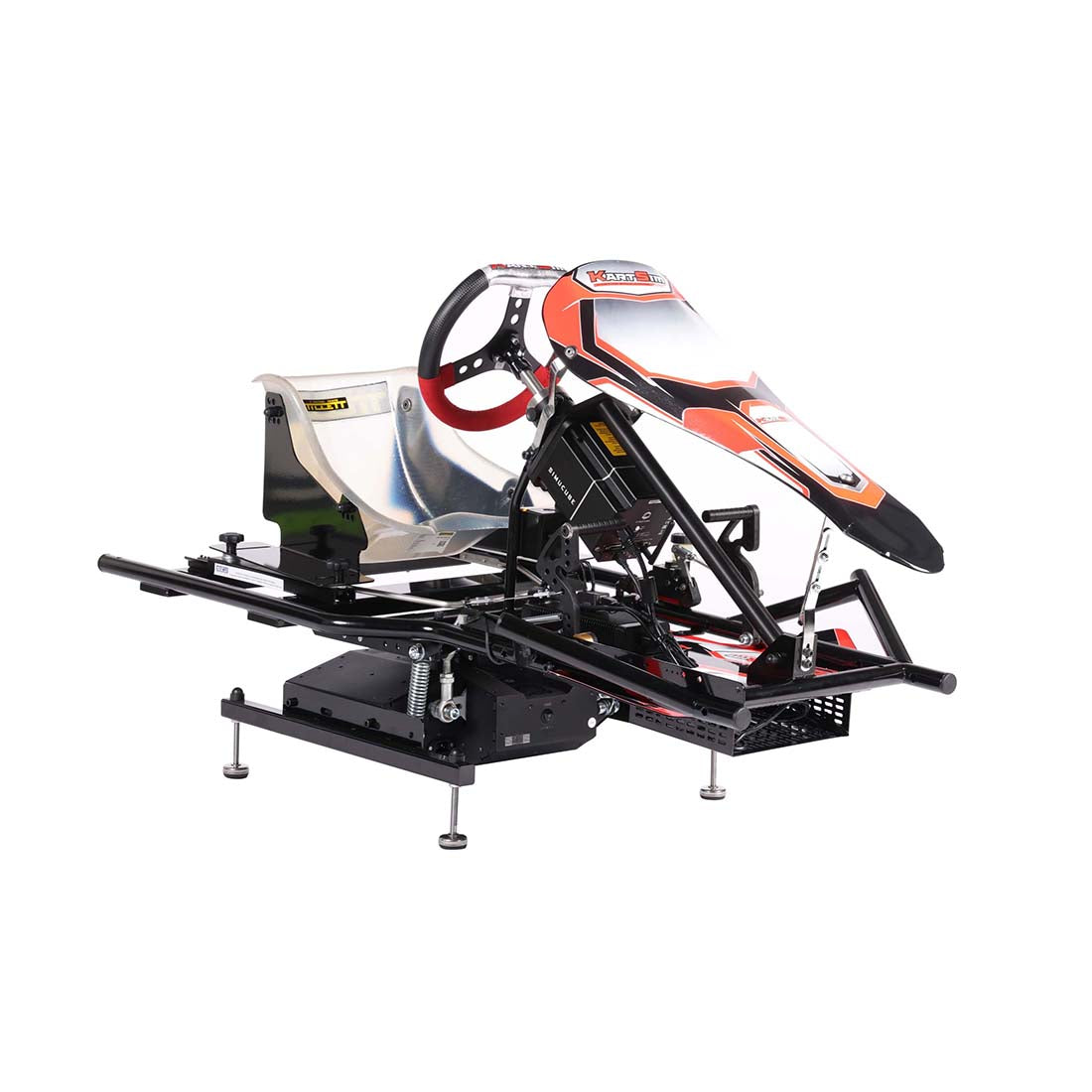 Side view of the KartSim KZ motion simulator featuring Simucube base, real kart steering wheel and pedals, mounted on a motion platform