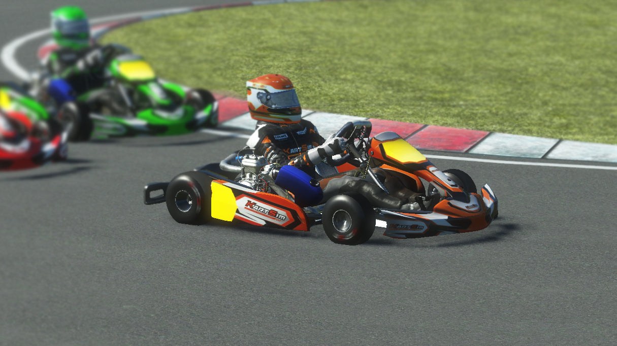 Virtual render of a Mini/Cadet kart with X30 engine in KartSim — professional training tool for kart racers; single-speed, CIK bodywork, hydraulic rear brake