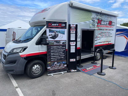 KartSim Mobile Sim Centre van setup offering professional simulator rental, onsite driver coaching, and demonstration services at motorsport events