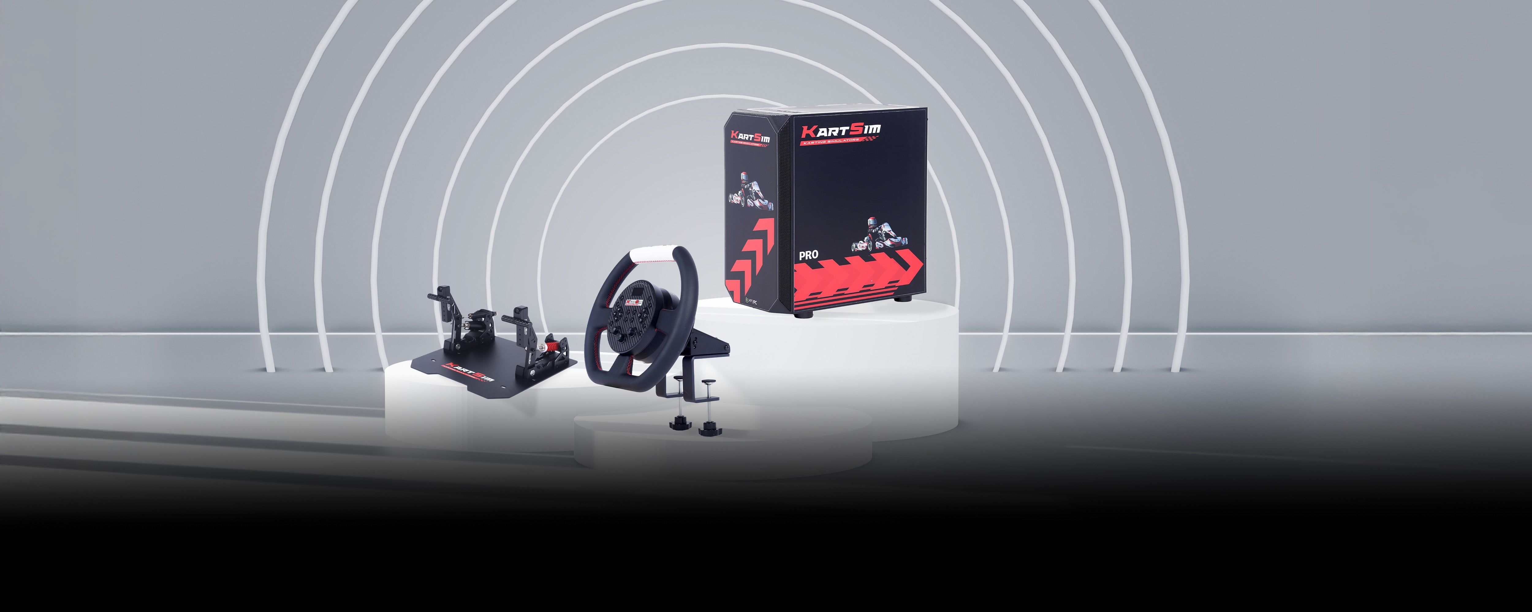 KartSim Pro hardware set displayed on a modern podium, featuring a high-grip racing wheel with paddle shifters, dual-pedal assembly, and branded packaging, designed for professional kart simulation setups.