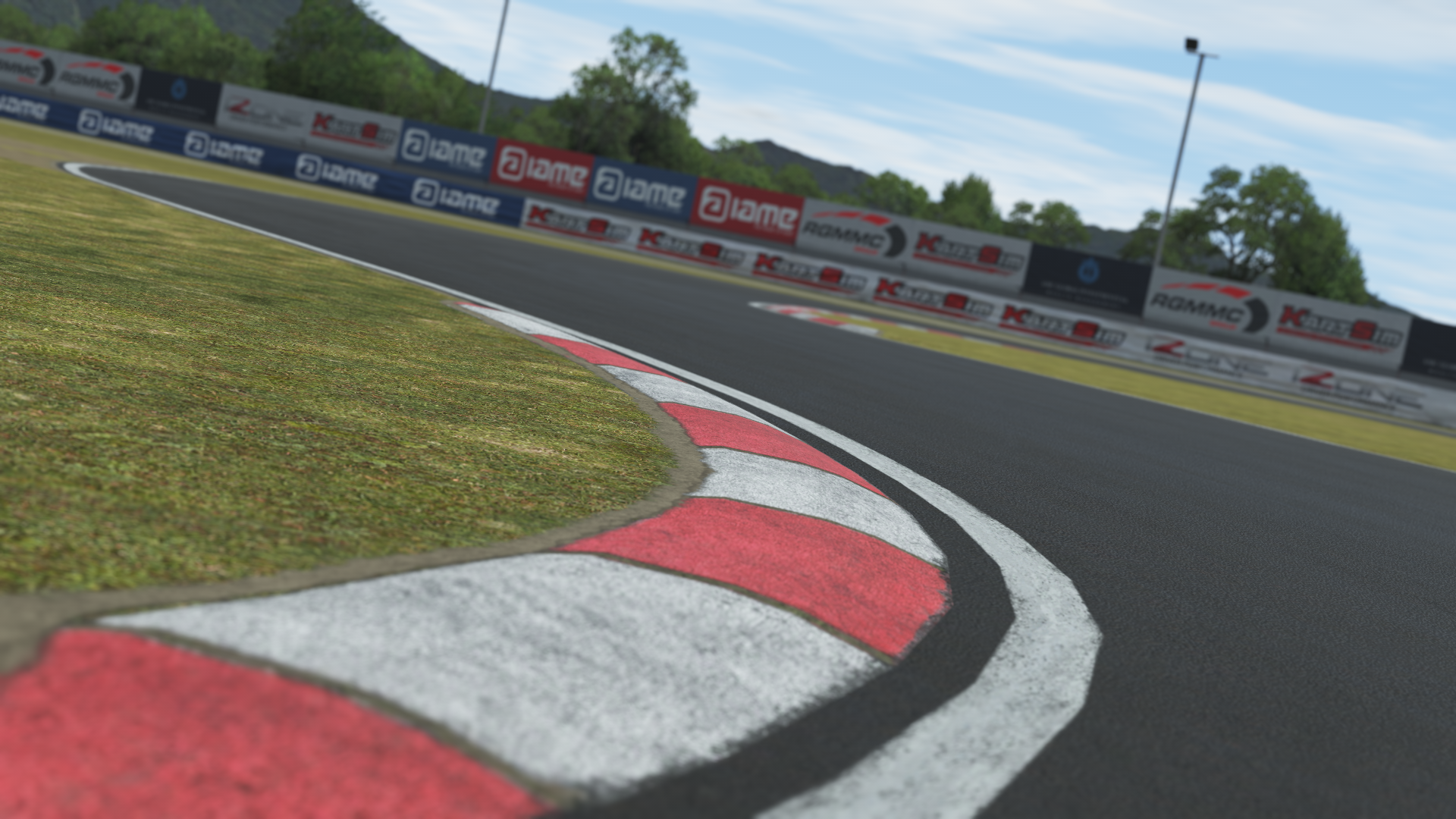 Close-up view of a red and white curb on a race track in KartSim kart racing simulation software, showing detailed track surface and grass