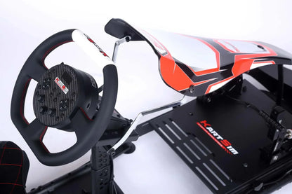 Top-down view of KartSim racing simulator showcasing proprietary steering wheel with integrated display, nose cone, and adjustable pedal system for advanced driver training