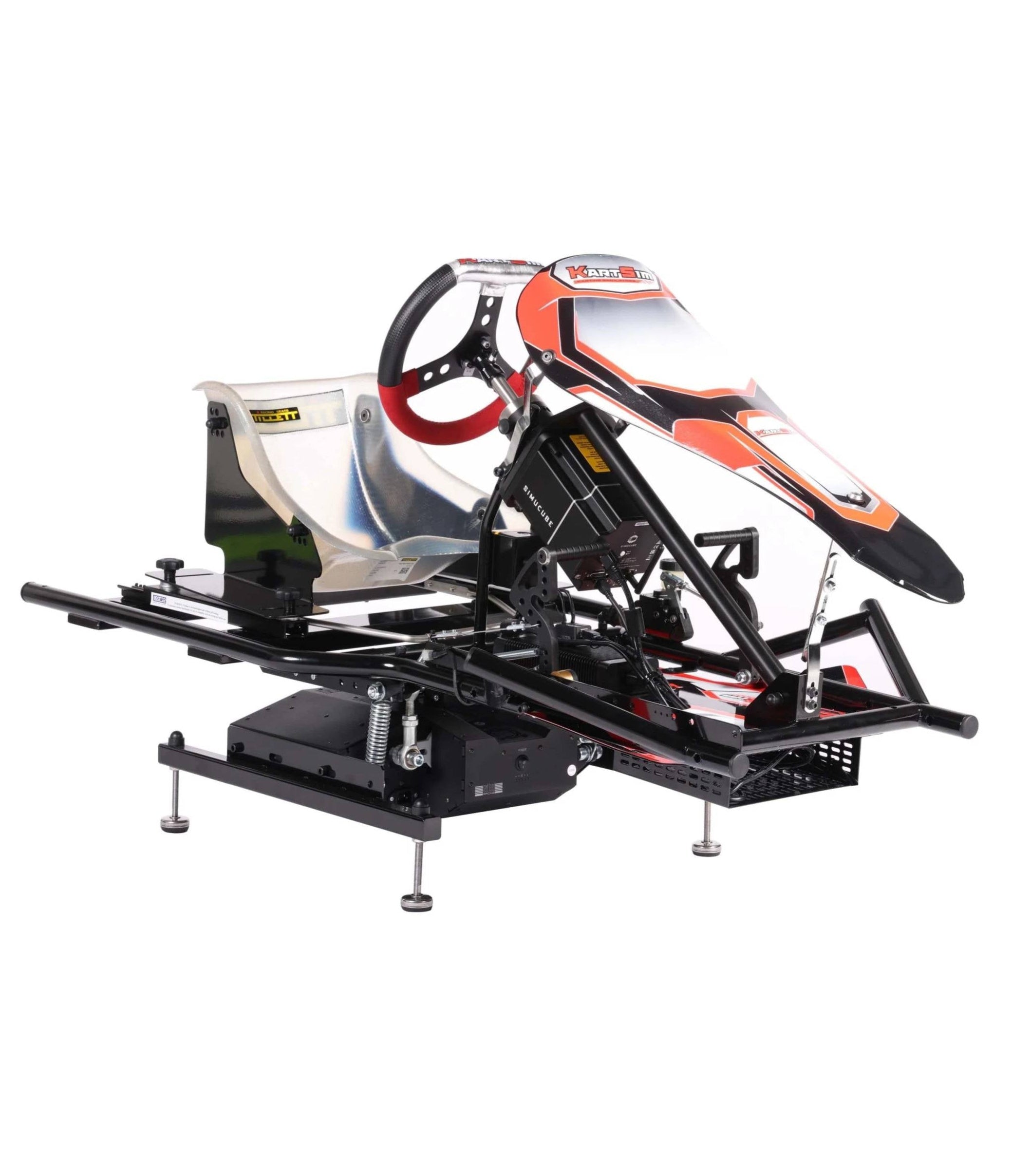 KartSim Ultimate Motion Simulator - Cadet size, featuring full-motion actuators, authentic kart frame, Simucube force feedback system, real kart steering wheel, racing pedals and a Tillet seat, built for pro-grade kart simulation.