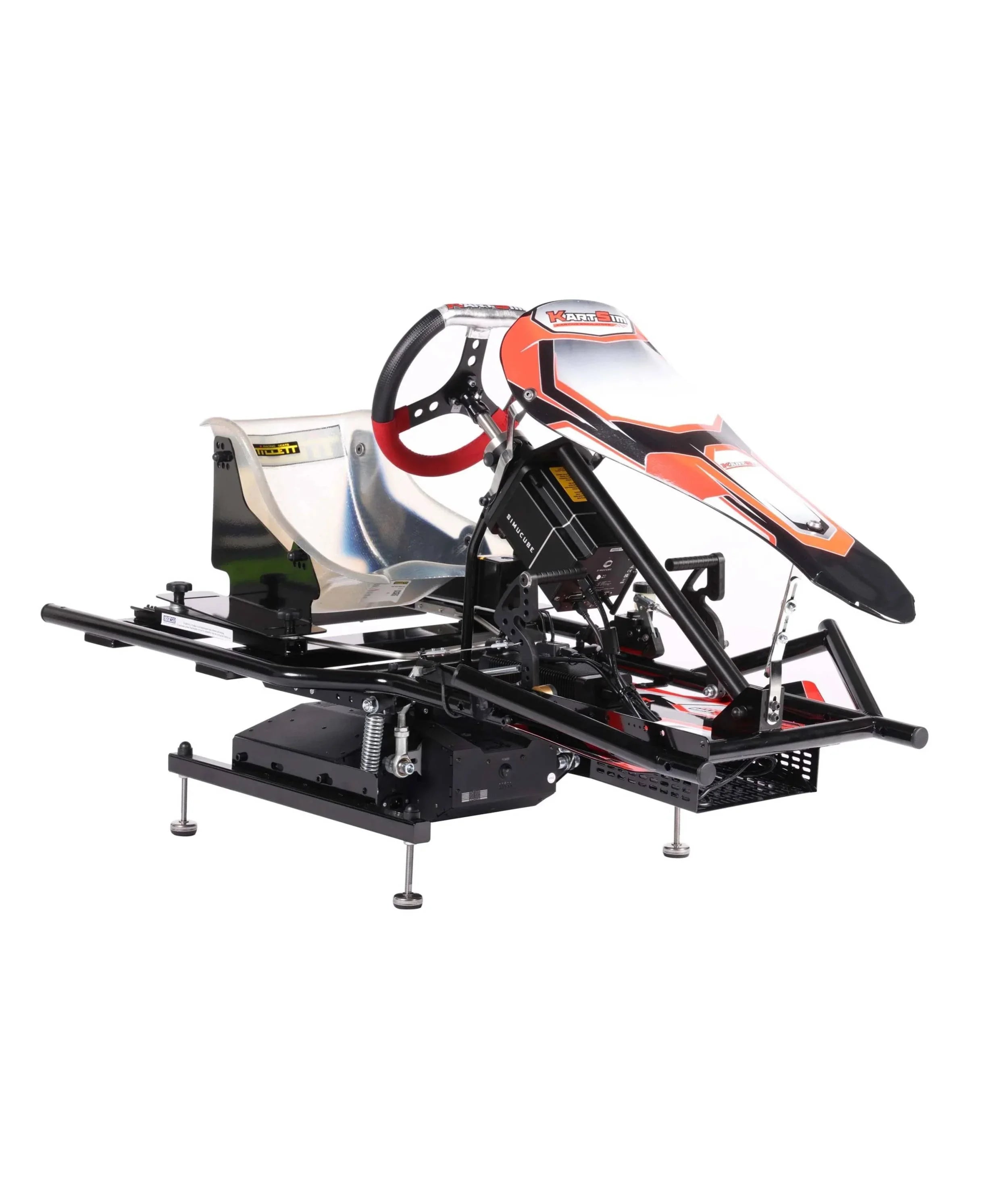 KartSim Ultimate Motion Simulator - Cadet size, featuring full-motion actuators, authentic kart frame, Simucube force feedback system, real kart steering wheel, racing pedals and a Tillet seat, built for pro-grade kart simulation.