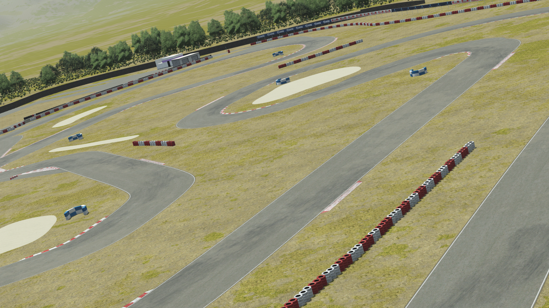 In-simulation view of the Valencia karting circuit in KartSim software, showing the asphalt track with red-white kerbs, grass run-off areas, tire barriers, and surrounding dry grass landscape under a clear sky.