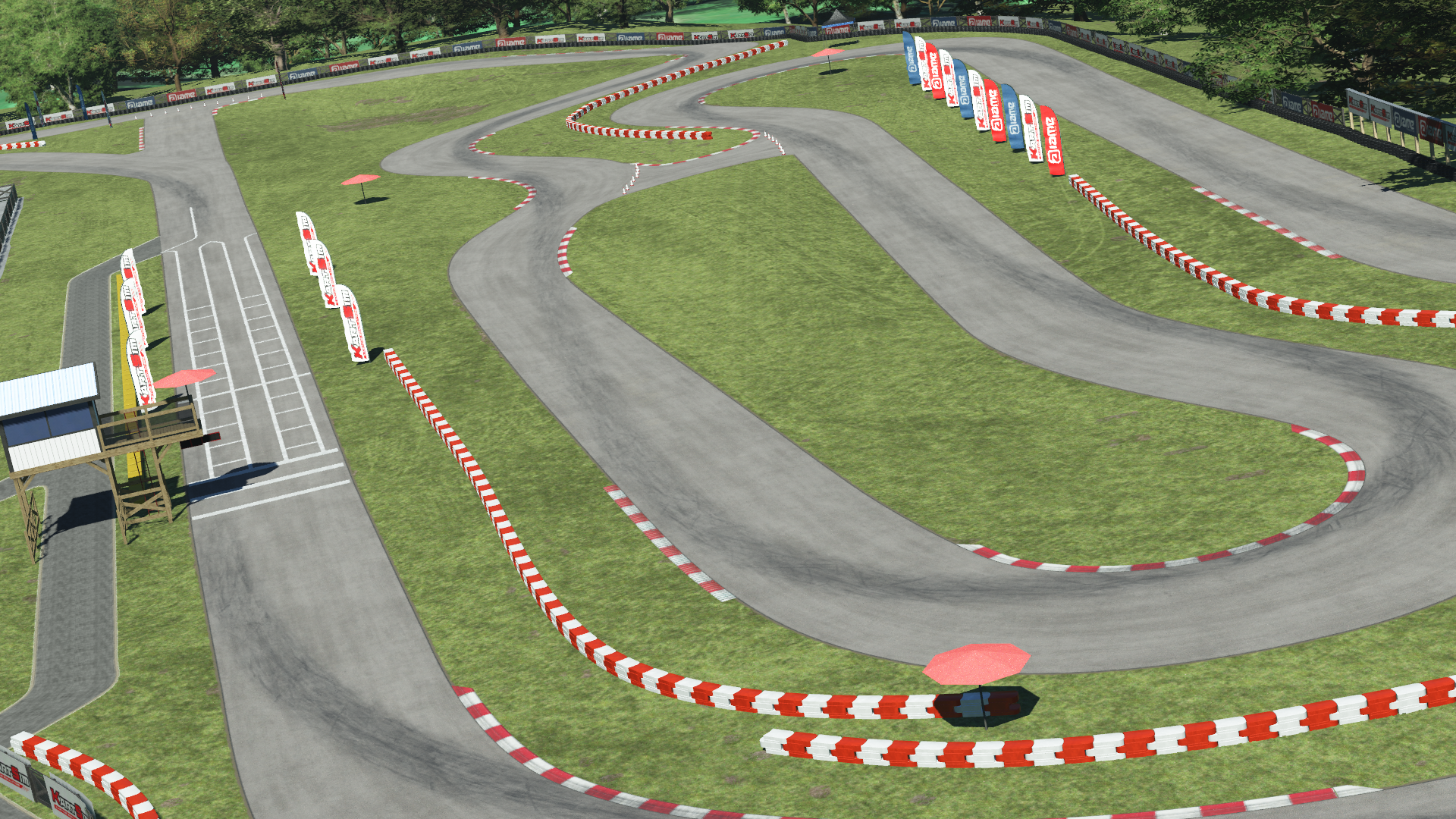 Overhead render of MCC karting track – full layout with red and white barriers, branded flags, grid start area, and grassy infield