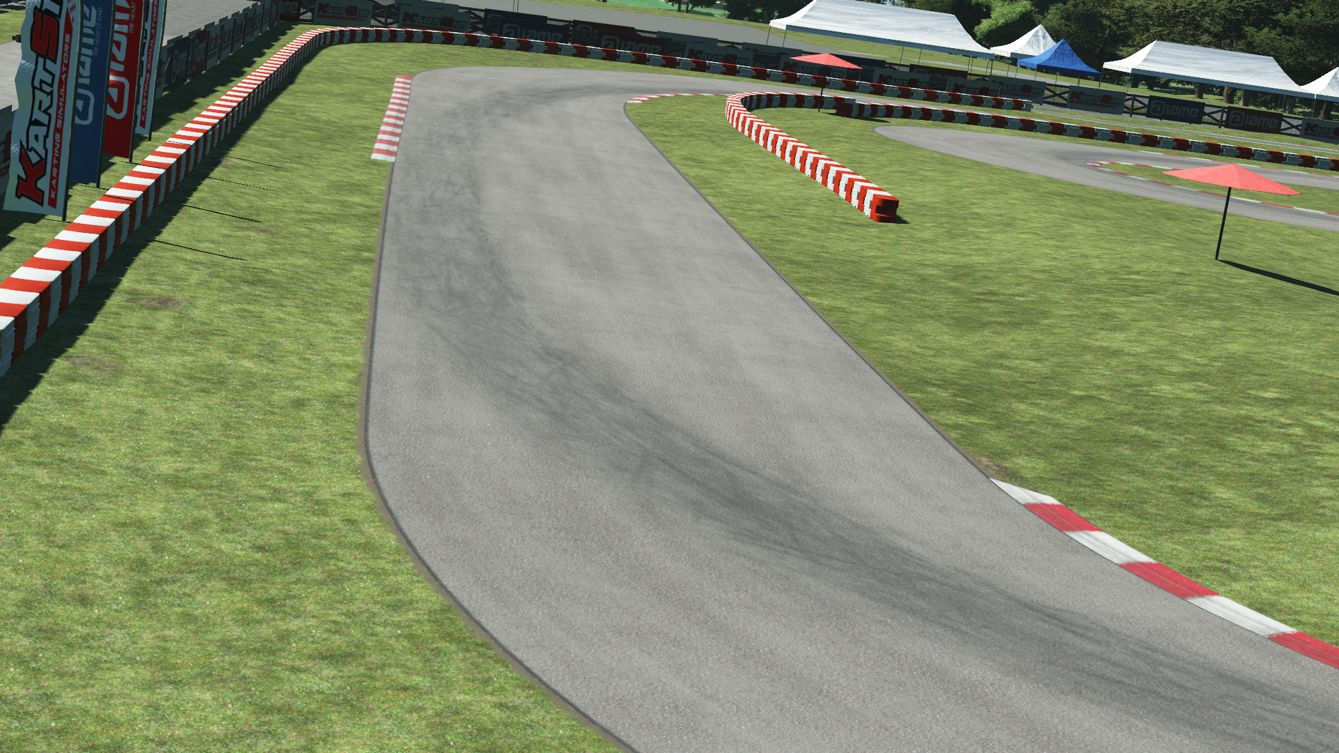 MCC karting track sharp turn – 3D render with red and white safety barriers, skid marks, grassy verge, and trackside tents