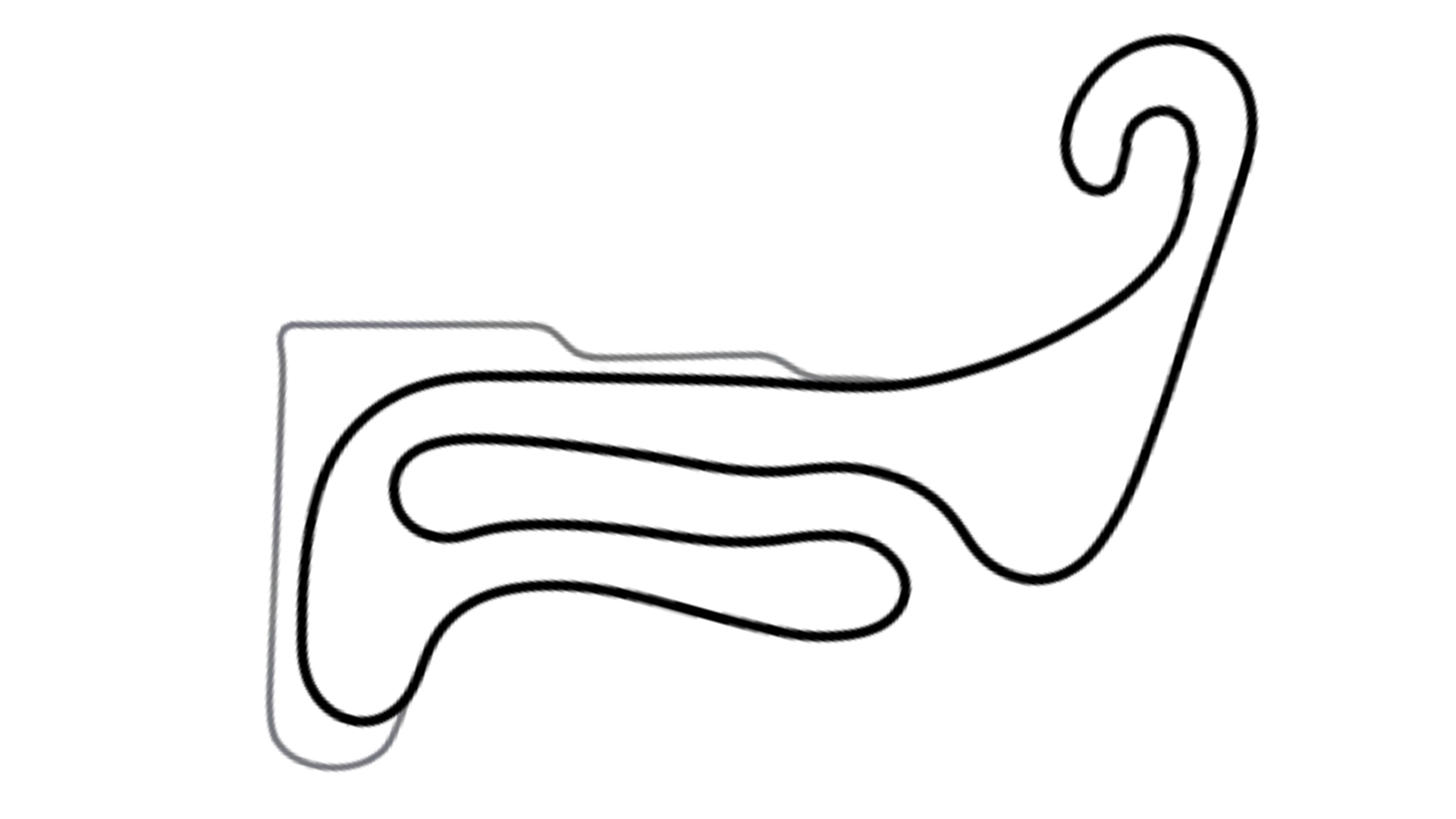 Top-down black and white track layout of MCC National circuit with complex curves on white background for KartSim software