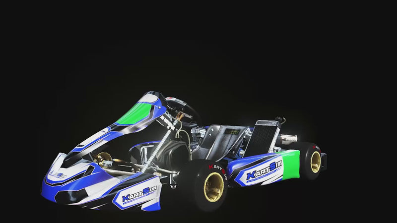 Rotating 3D model footage of KartSim IAME Junior X30 US kart with detailed chassis, steering wheel, and components