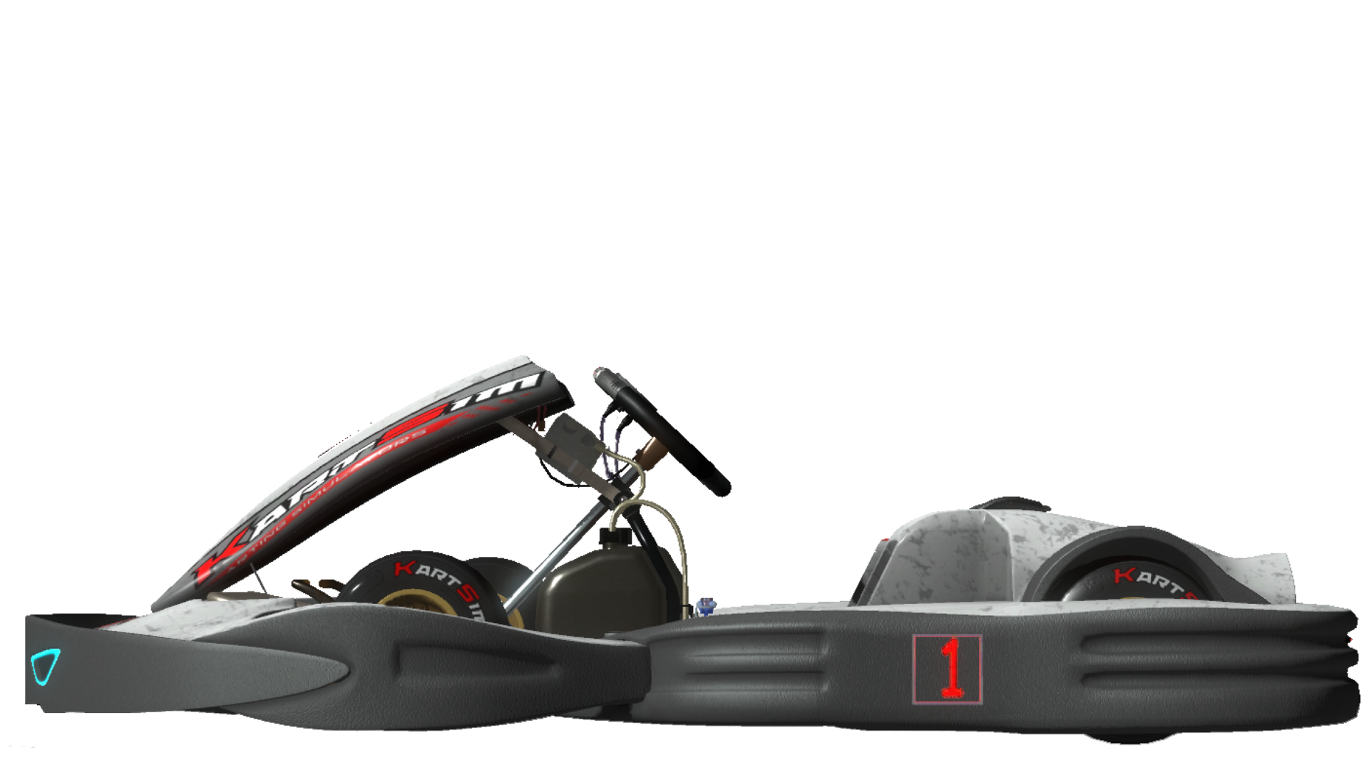 Side profile render of a UK-spec rental kart from KartSim Pro UK software, featuring a full wraparound impact-resistant bodywork system, enclosed side pods, padded seat, fixed steering column, and slick tyres with KartSim branding, designed for endurance and arrive-and-drive karting.