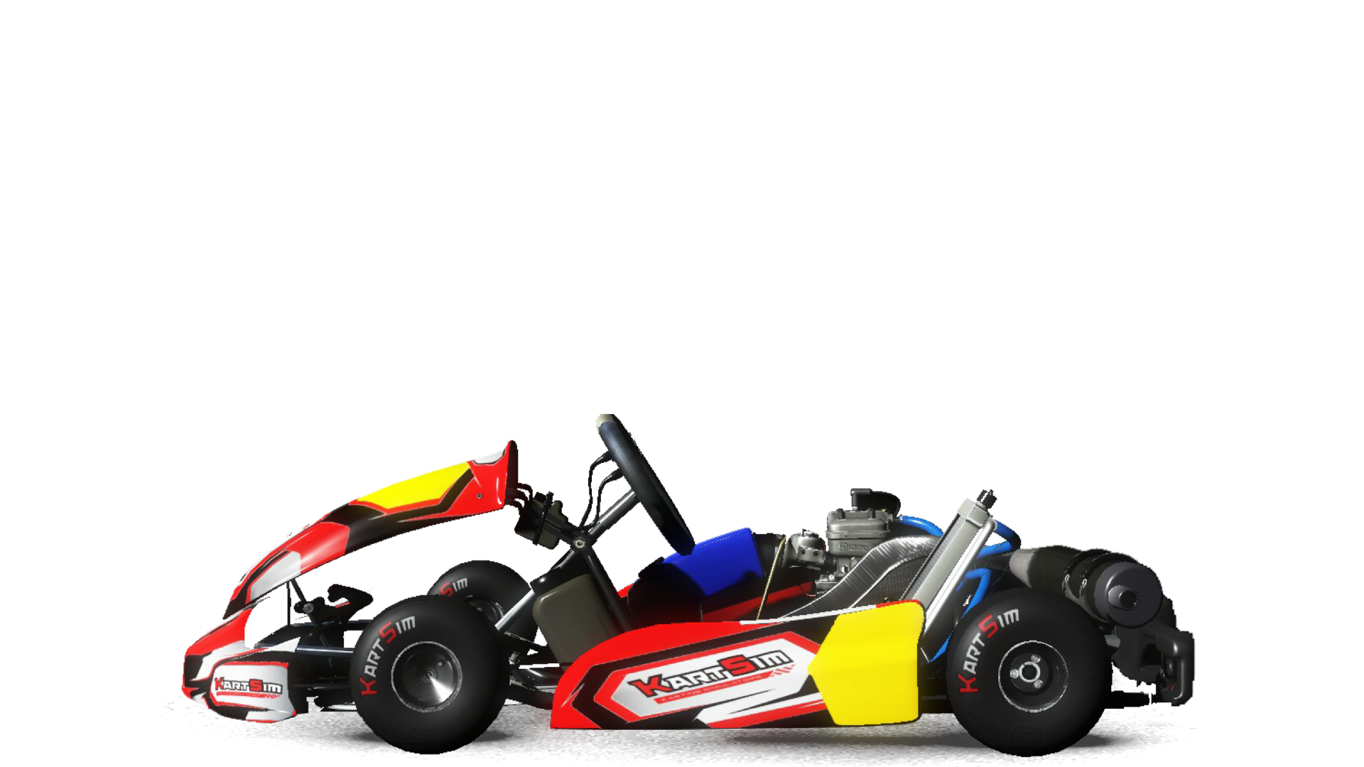 Side profile render of a Rotax Max Junior UK-spec kart from KartSim Pro UK software, featuring a junior chassis with CIK-FIA Nassau panel and side pods, Rotax 125 Junior MAX engine with radiator and exhaust, slick KartSim-branded tyres, and yellow Nassau panel compliant with Motorsport UK junior class regulations.