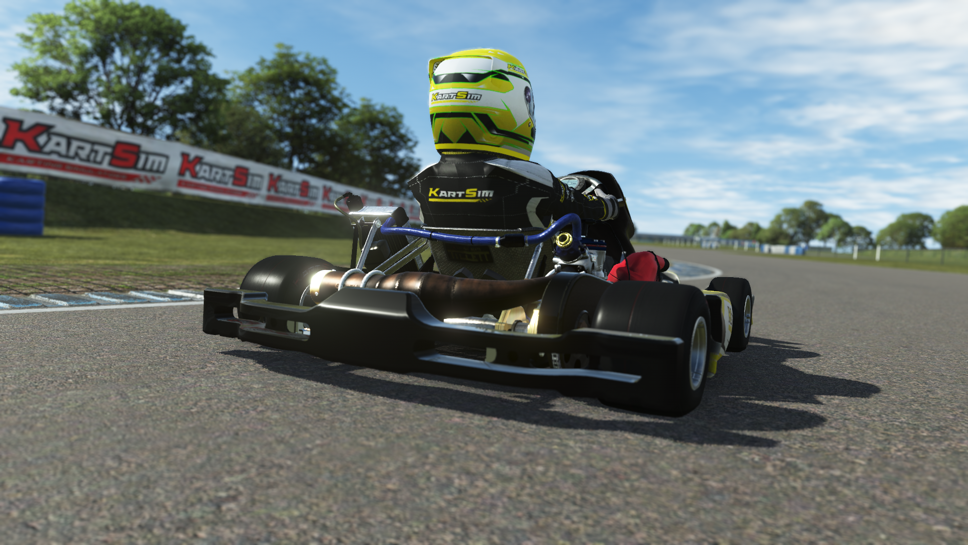 Senior OK EU 010 kart with high-performance 125cc 2-stroke engine, designed for senior drivers in Europe, featured on KartSim software for realistic virtual kart racing