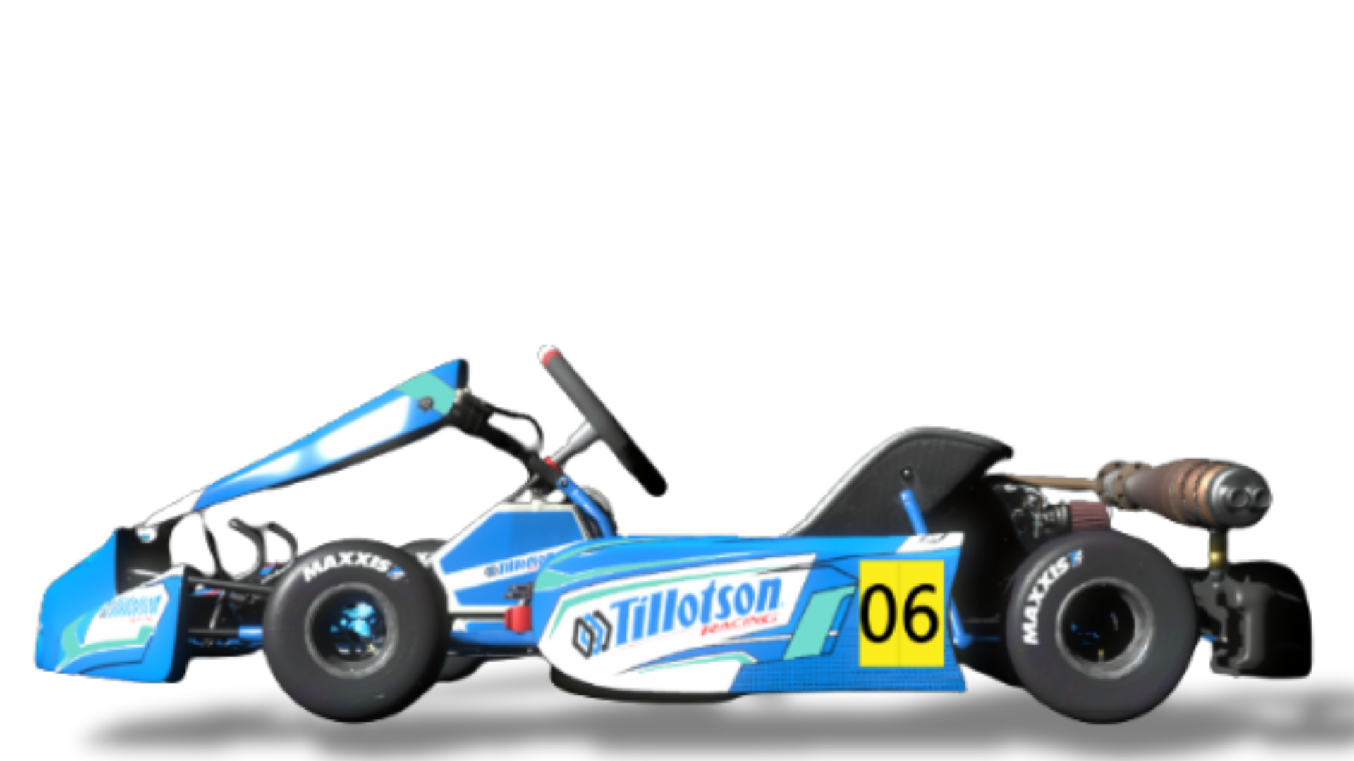 Tillotson T4 225RS 4-stroke kart — 225 cc air-cooled single-cylinder with electric start and centrifugal clutch, single-speed drive, rear hydraulic disc brake, right-side exhaust silencer, Maxxis slick tyres, CIK bodywork (nose cone, nassau panel, side pods), #06 livery — on KartSim software -  professional training tool for kart racers